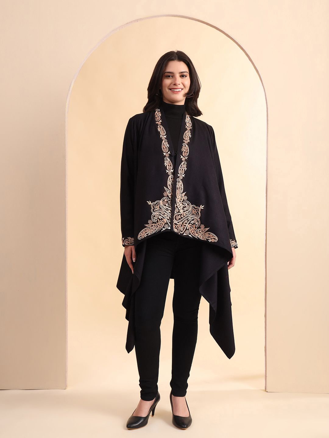 

Zamour Floral Embroidered Zari Longline Shrug, Black