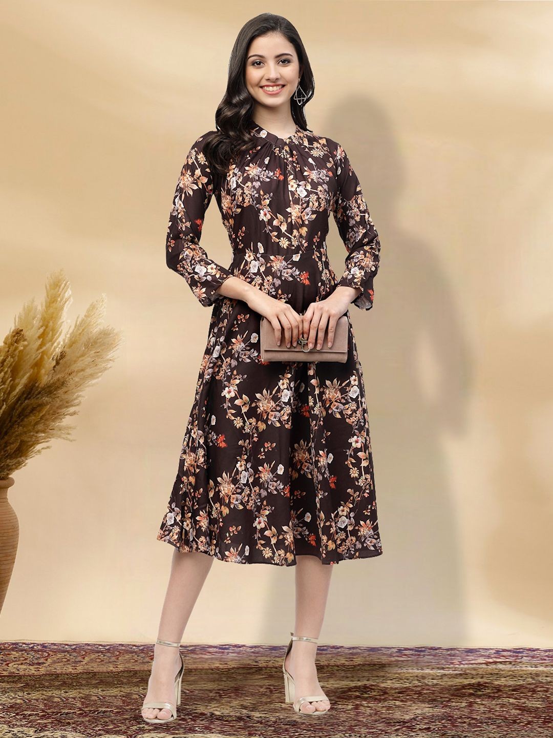 

MISS AYSE Women Floral Printed Cotton Fit & Flare Dress, Brown