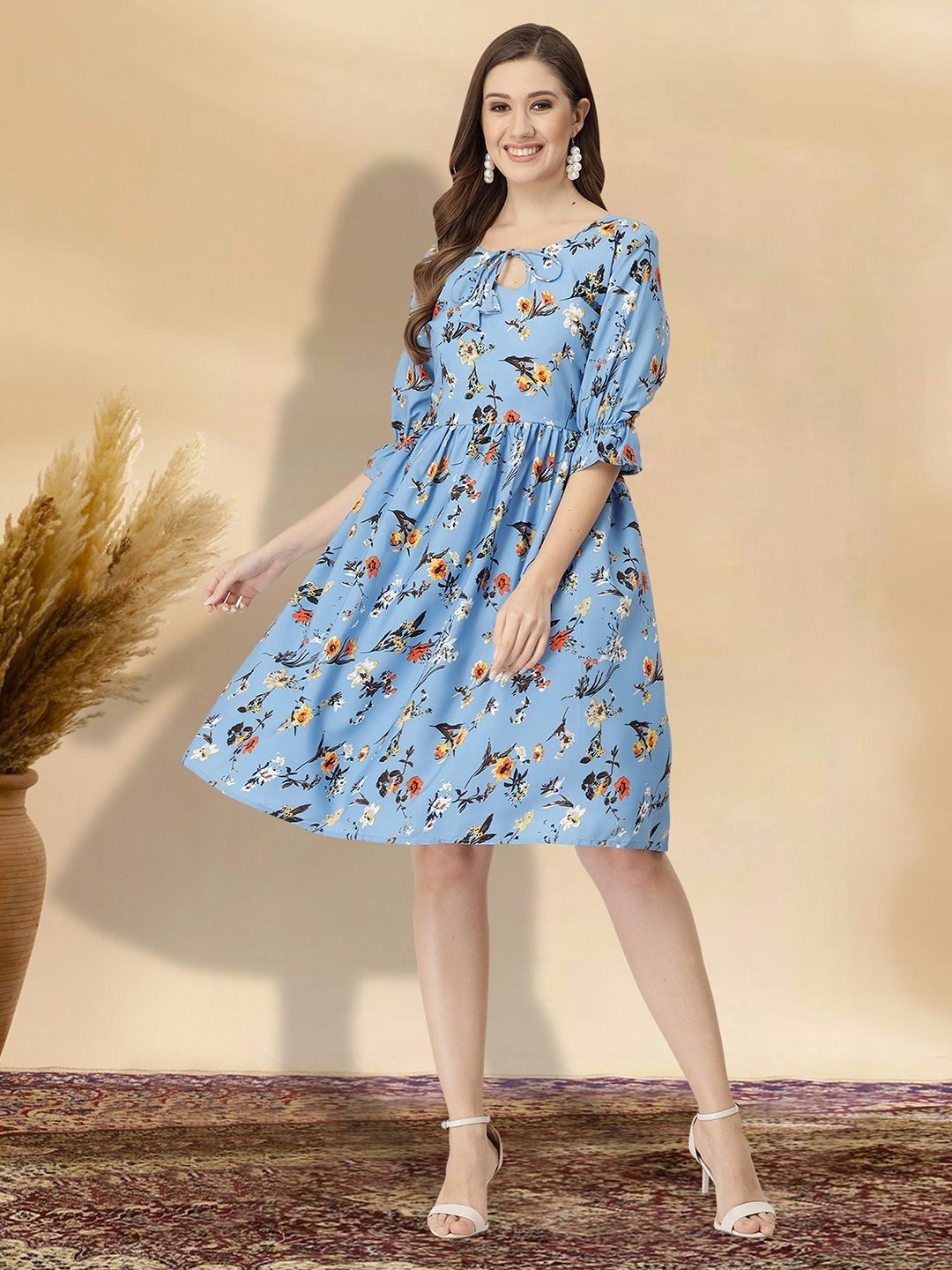 

MISS AYSE Women Floral Printed Tie-Up Neck Fit & Flare Dress, Blue