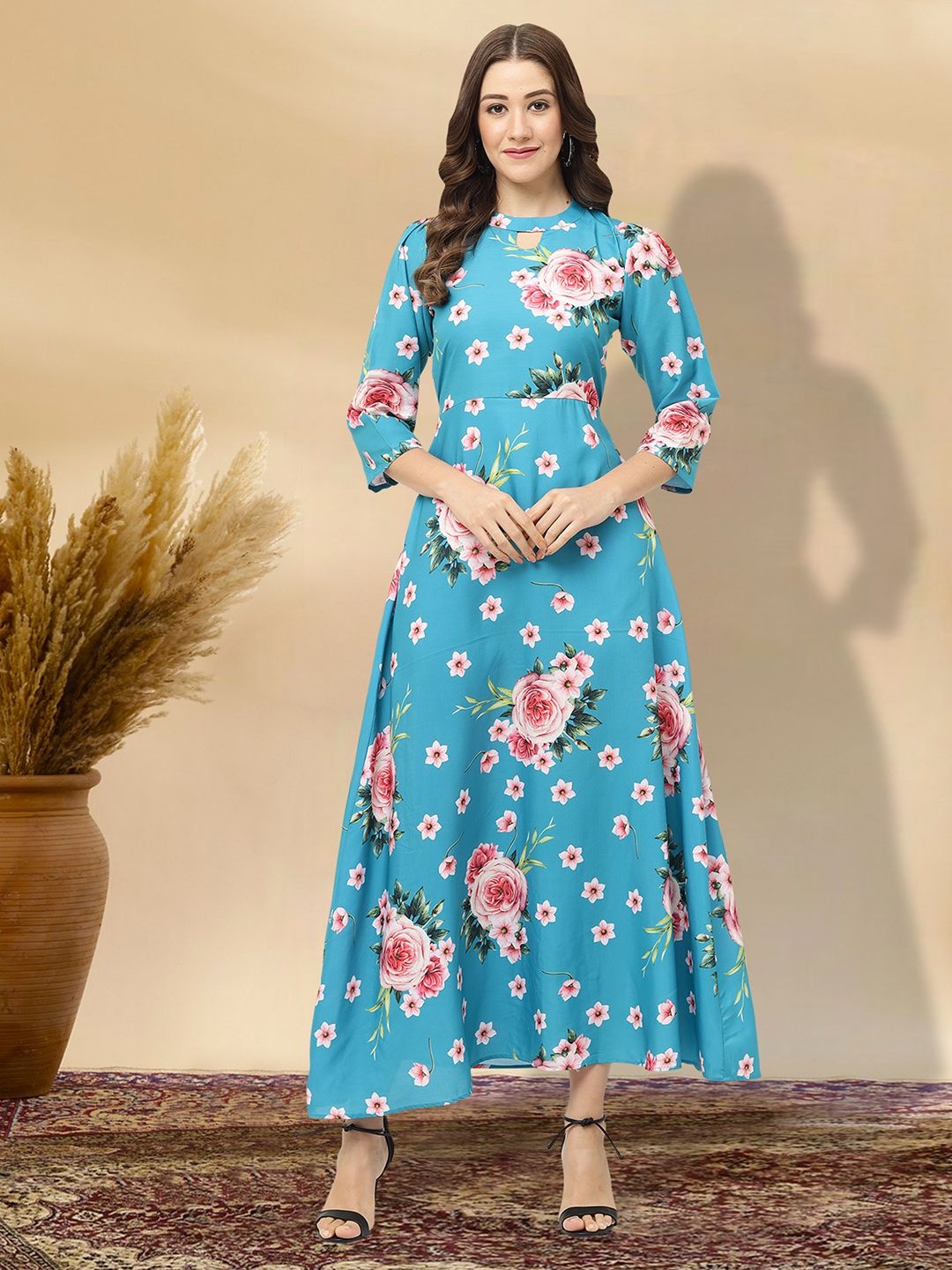 

MISS AYSE Women Cotton Floral Printed Fit & Flare Dress With Cut-Outs details, Blue