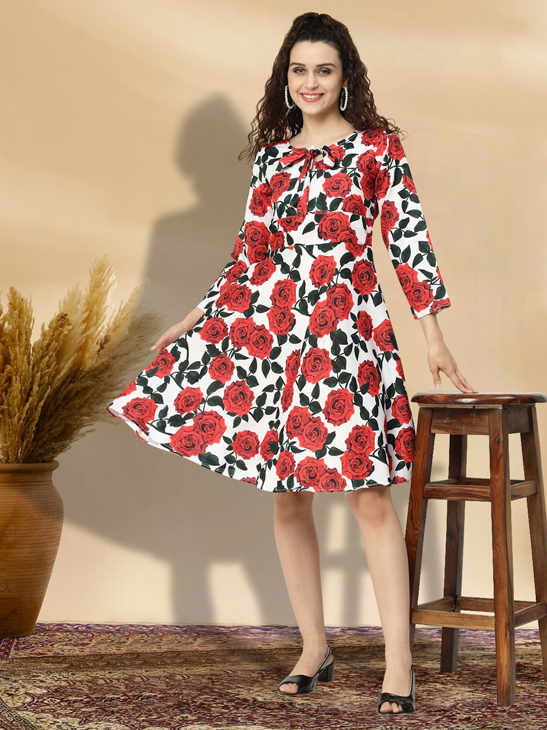 

MISS AYSE Floral Printed Tie-Up Neck Cotton A-Line Dress, White