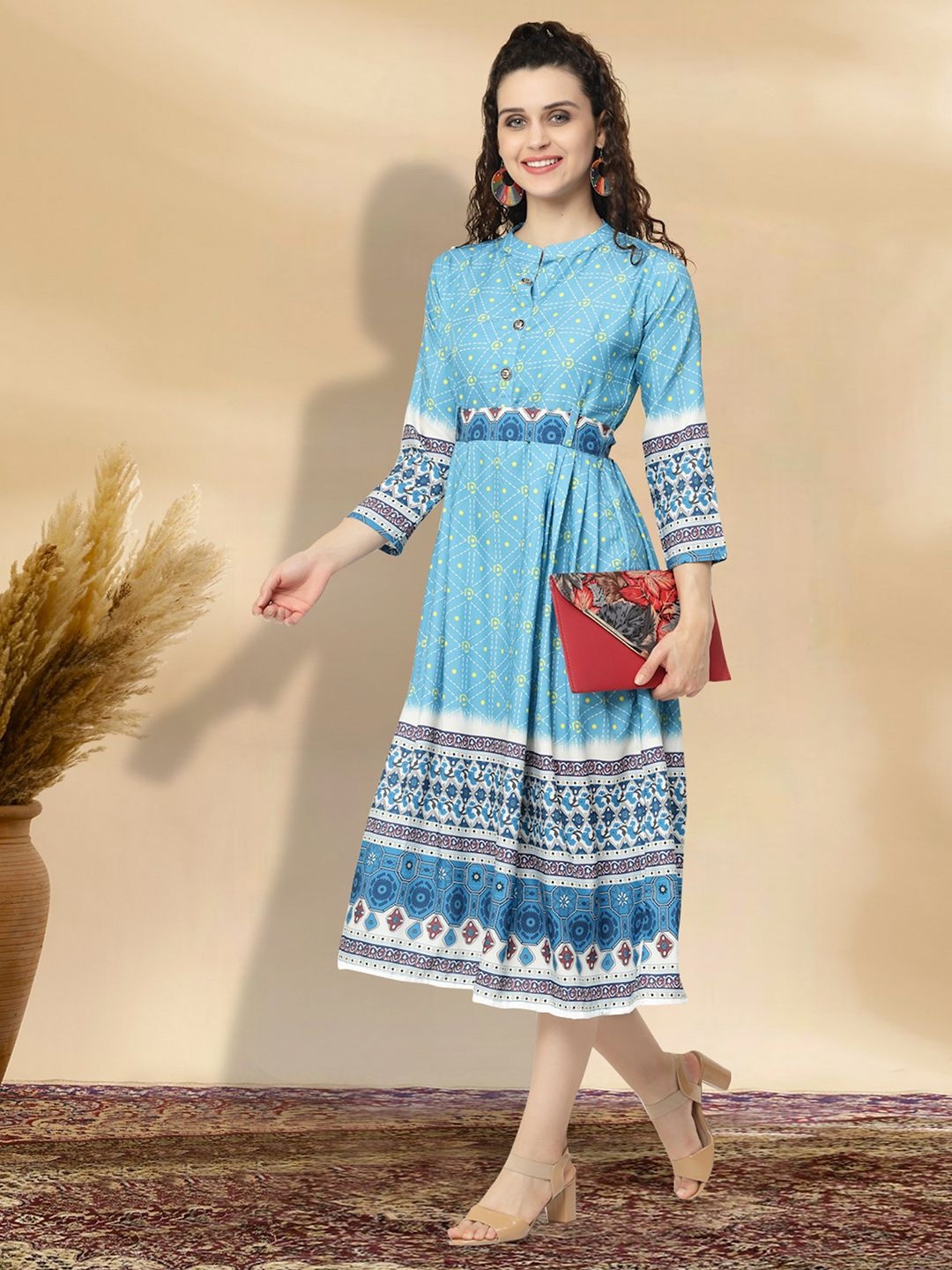 

MISS AYSE Women Mandarin Collar Fit & Flare Dress, Blue