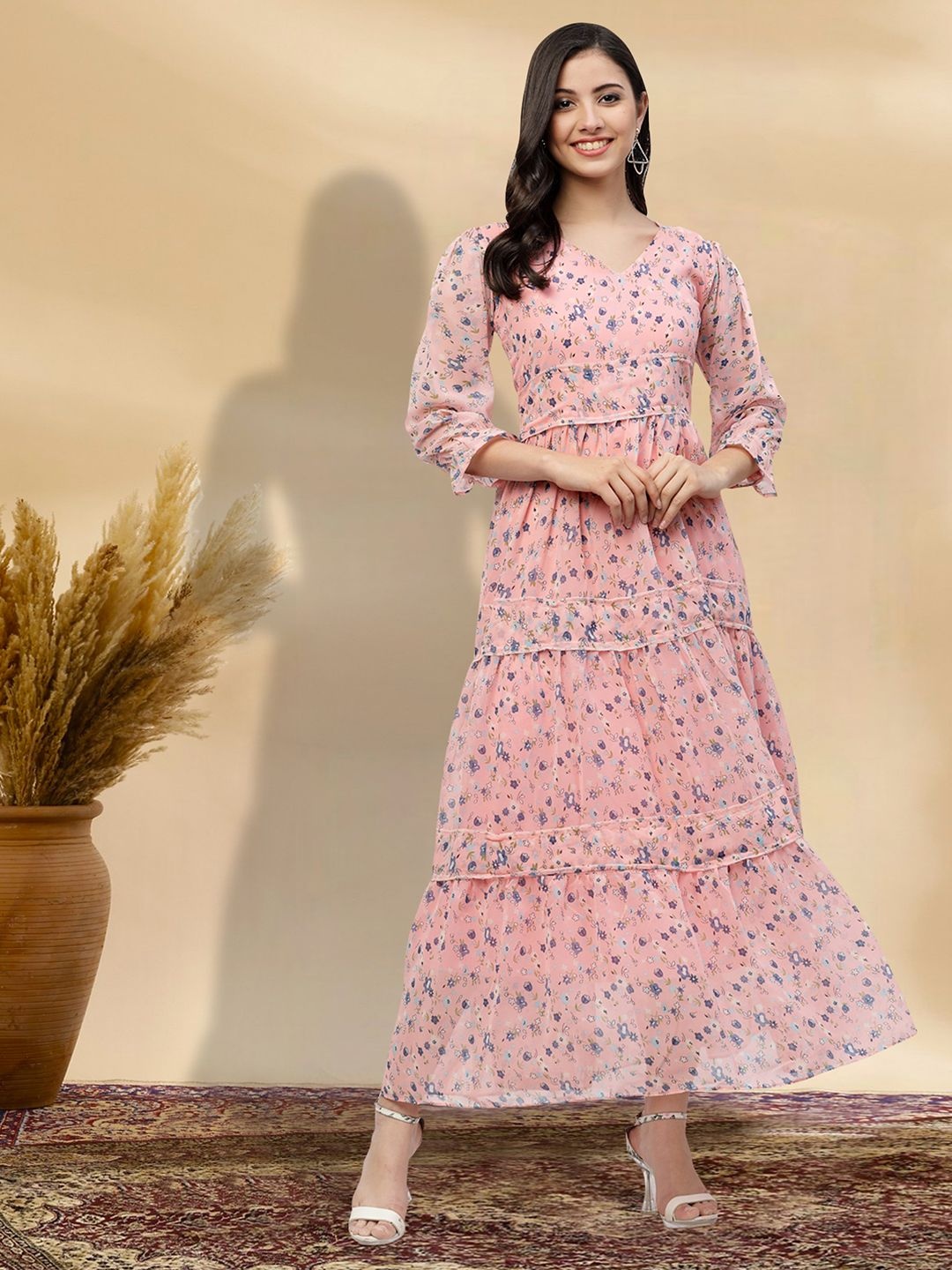 

MISS AYSE Floral Printed V-Neck Tiered Fit & Flare Maxi Dress, Pink