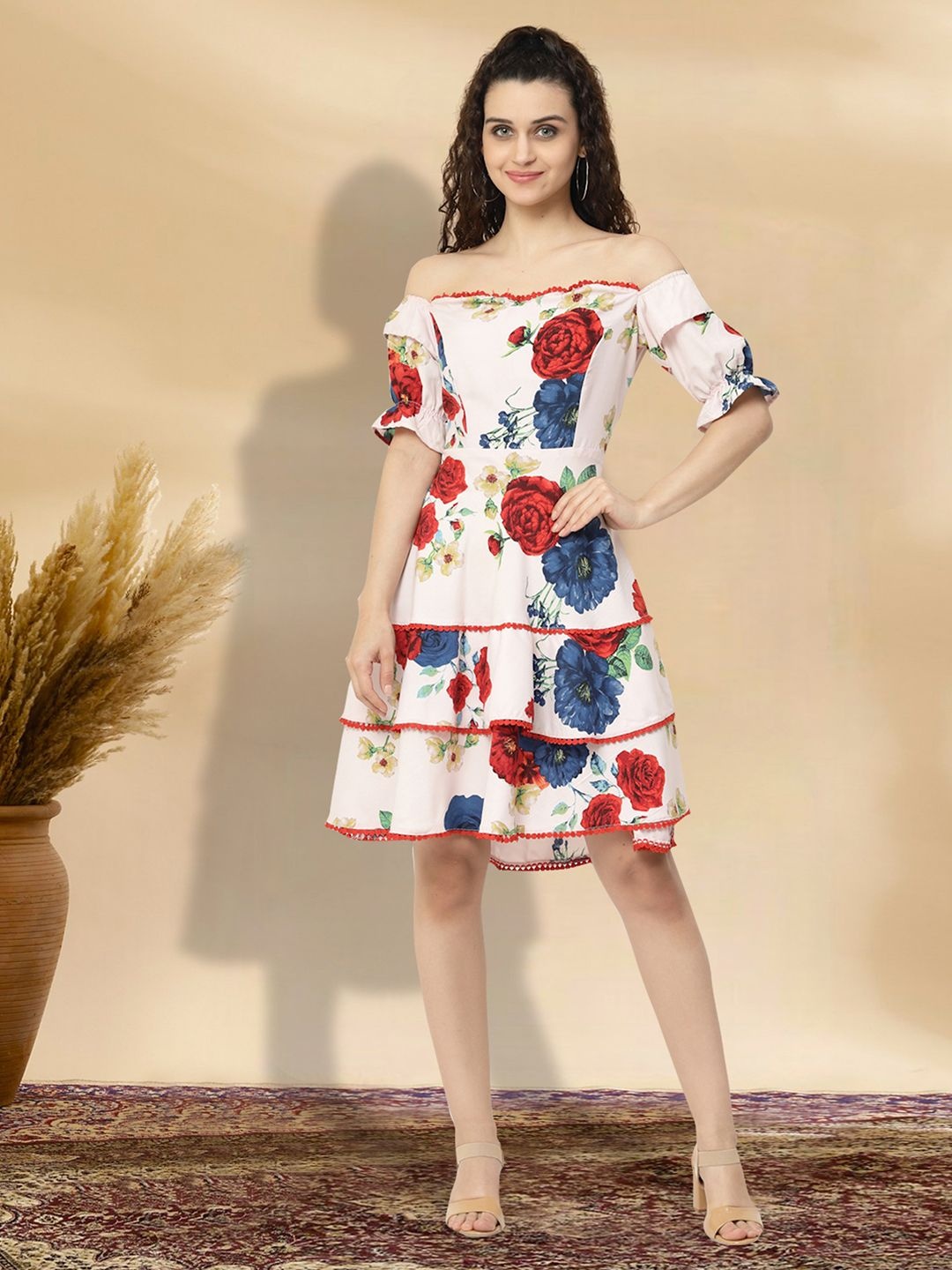 

MISS AYSE Women Floral Printed Off-Shoulder Fit & Flare Dress, White