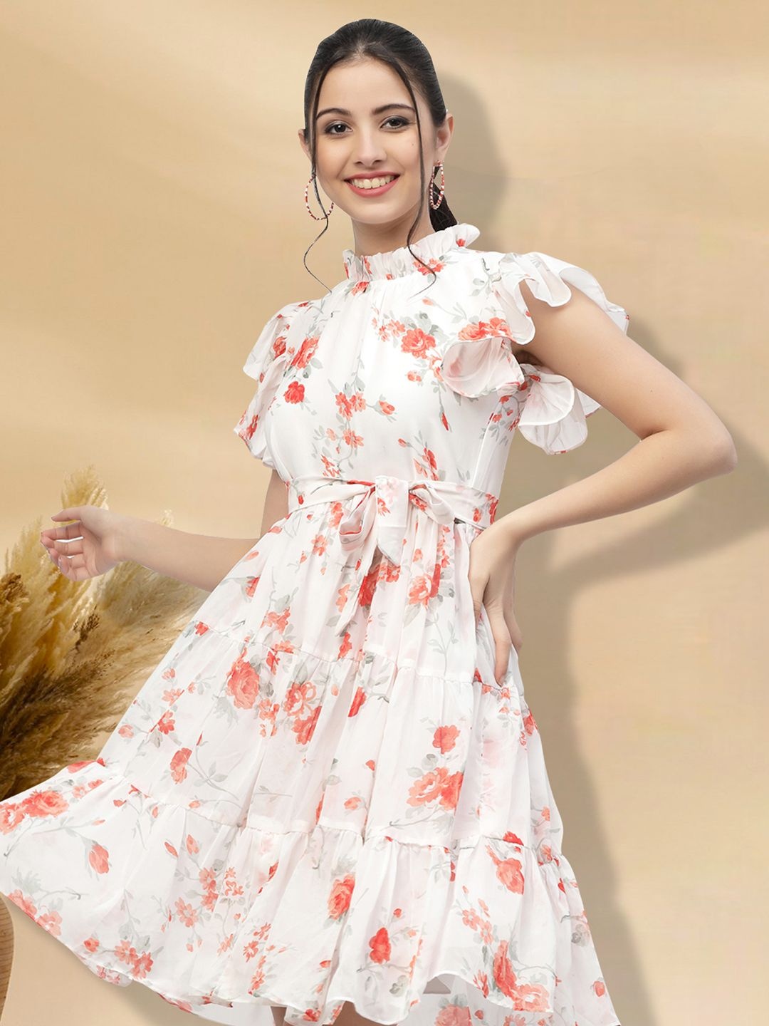 

MISS AYSE Floral Print Applique Fit & Flare Dress, Orange