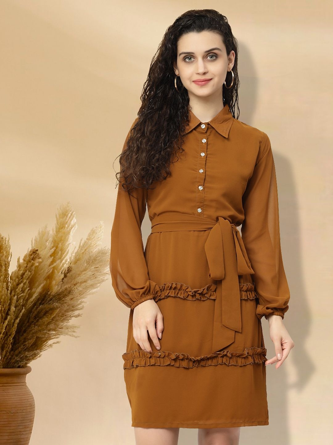 

MISS AYSE Women Cotton Applique Fit & Flare Dress, Brown