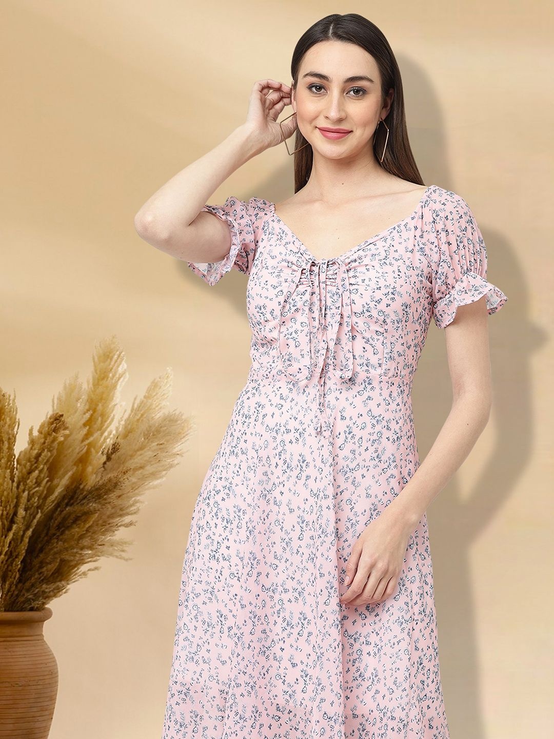

MISS AYSE Women Floral Printed Cotton Fit & Flare Knee Length Dress, Pink