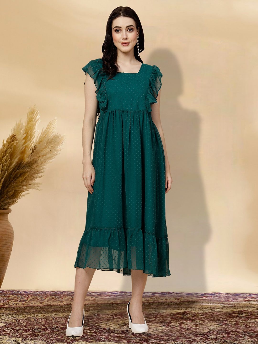 

MISS AYSE Women Square Neck Fit & Flare Dress, Green