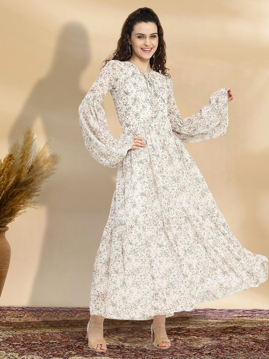 

MISS AYSE Women Floral Printed Cotton Fit & Flare Maxi Dress, White