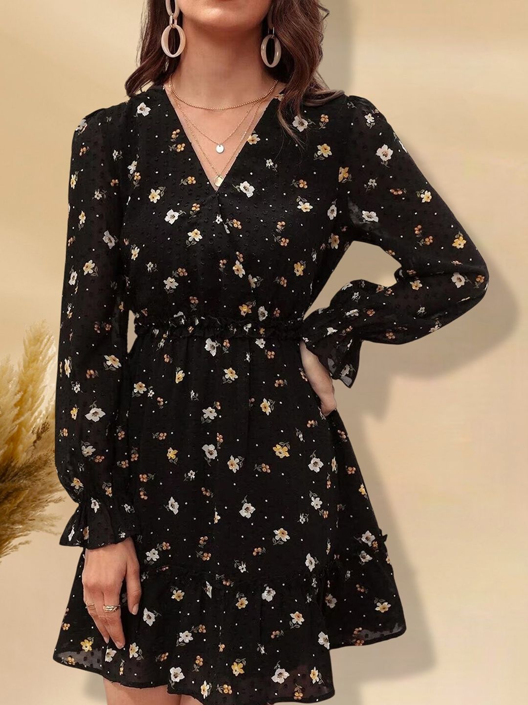 

MISS AYSE Women Floral Print Applique Fit & Flare Dress, Black