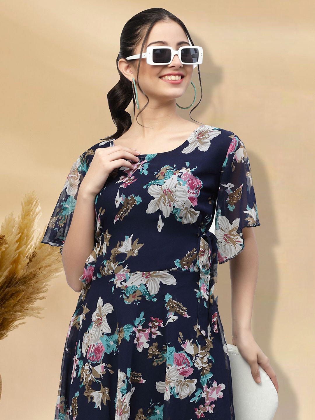 

MISS AYSE Floral Printed Cotton Maxi Dress, Navy blue