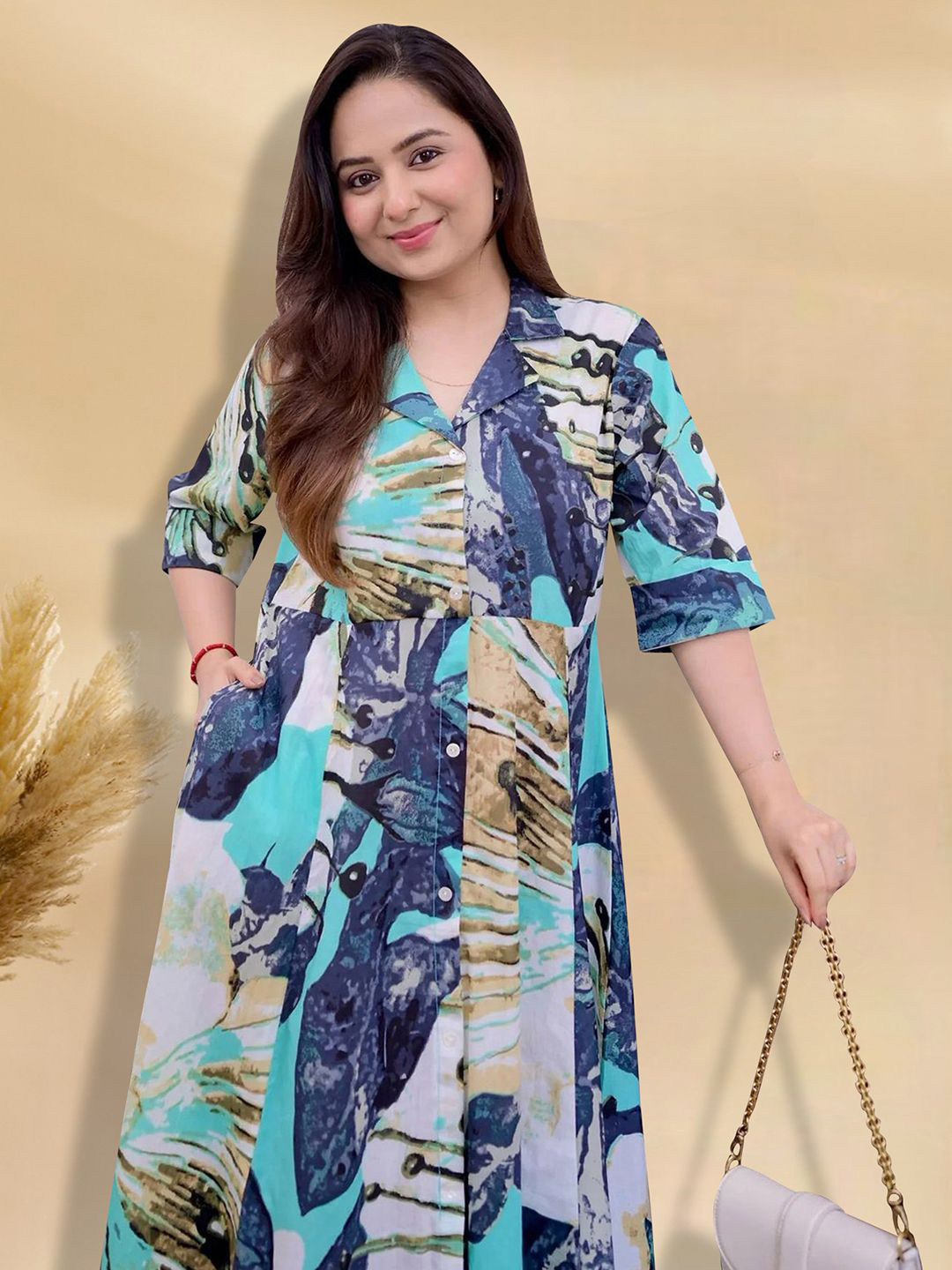 

MISS AYSE Women Cotton Floral Printed Shirt Collar Fit & Flare Dress, Blue