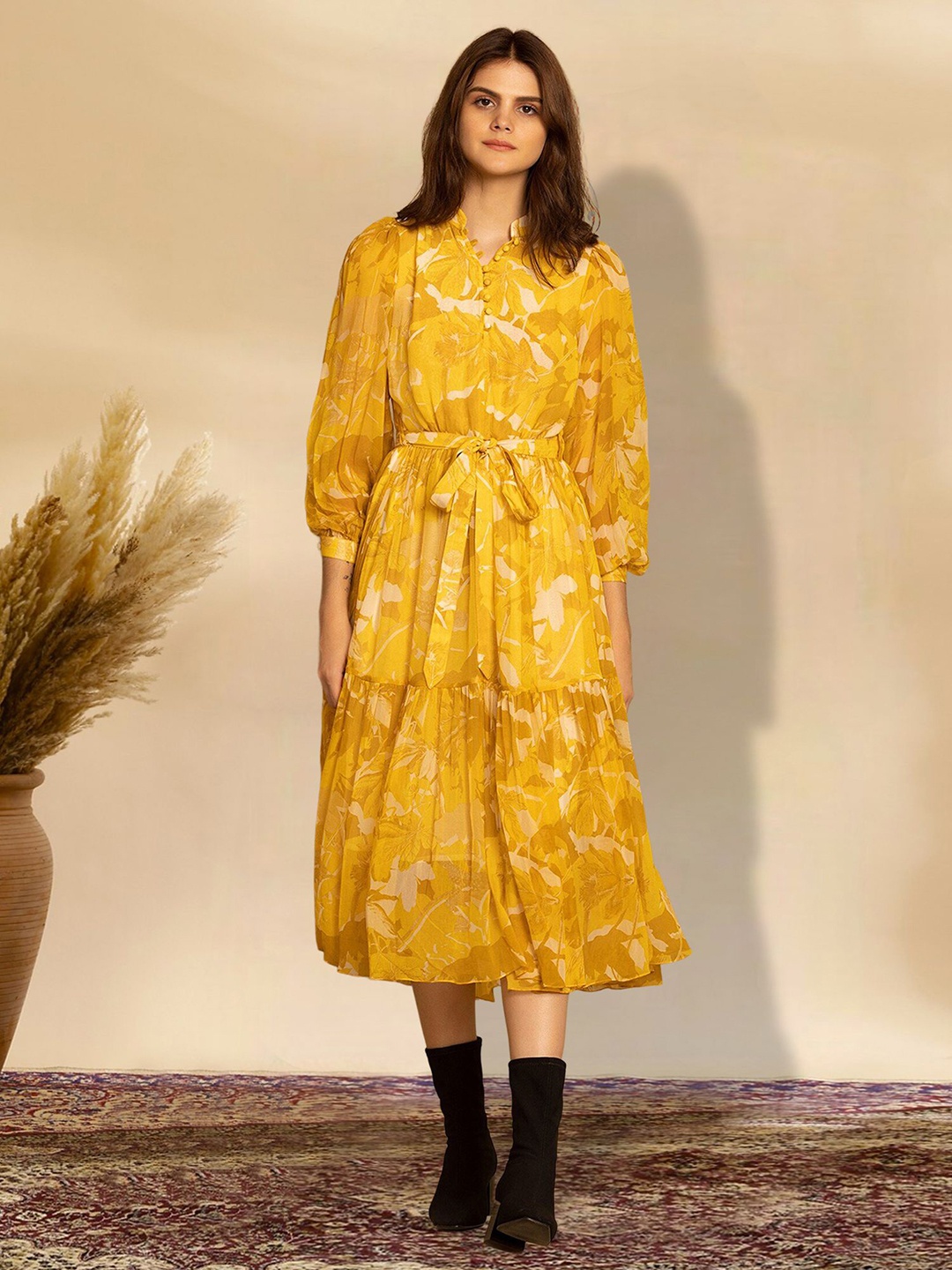 

MISS AYSE Floral Printed Cotton Fit & Flare Dress, Yellow