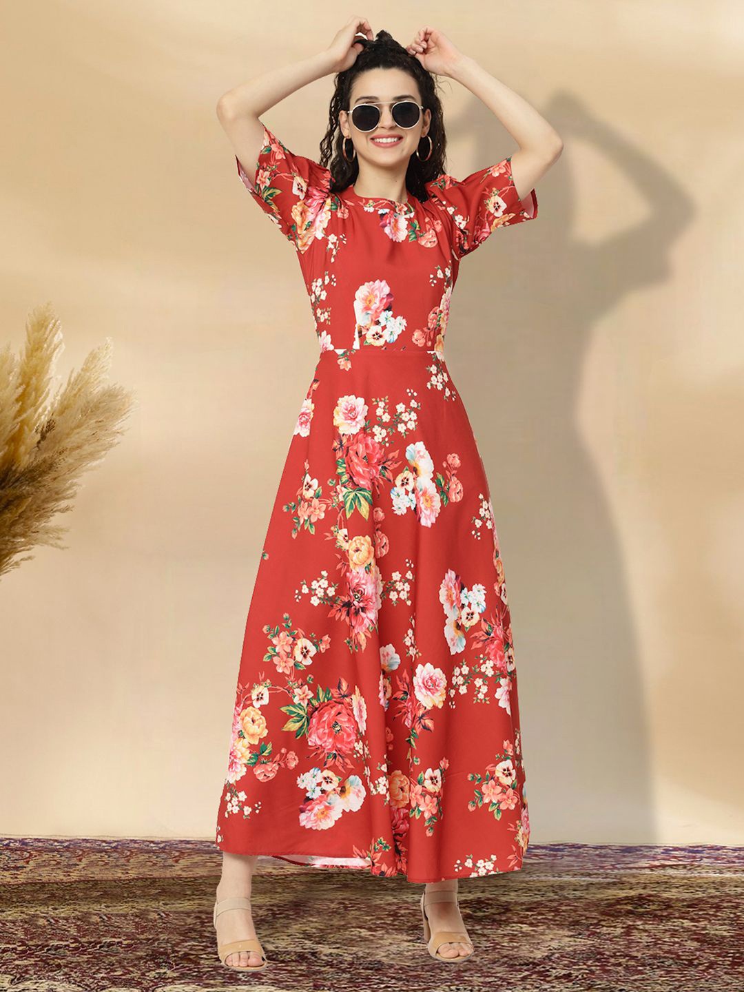 

MISS AYSE Women Floral Printed Cotton Applique Fit & Flare Dress, Red