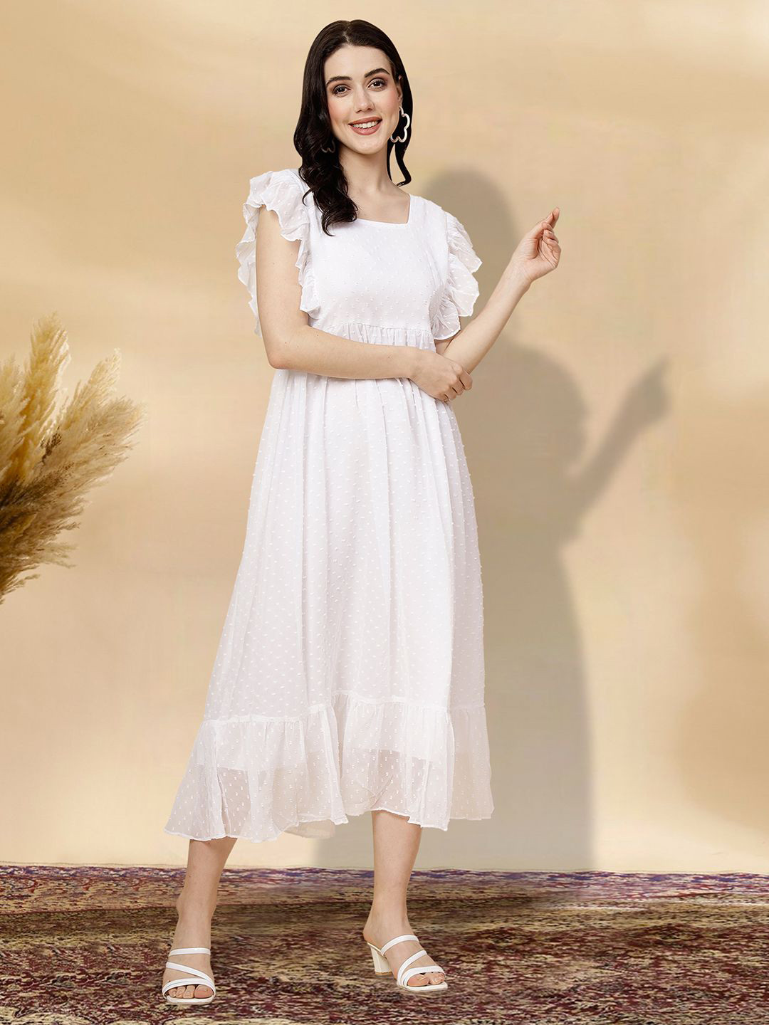 

MISS AYSE Square Neck Flutter Sleeves Cotton Fit & Flare Dress, White