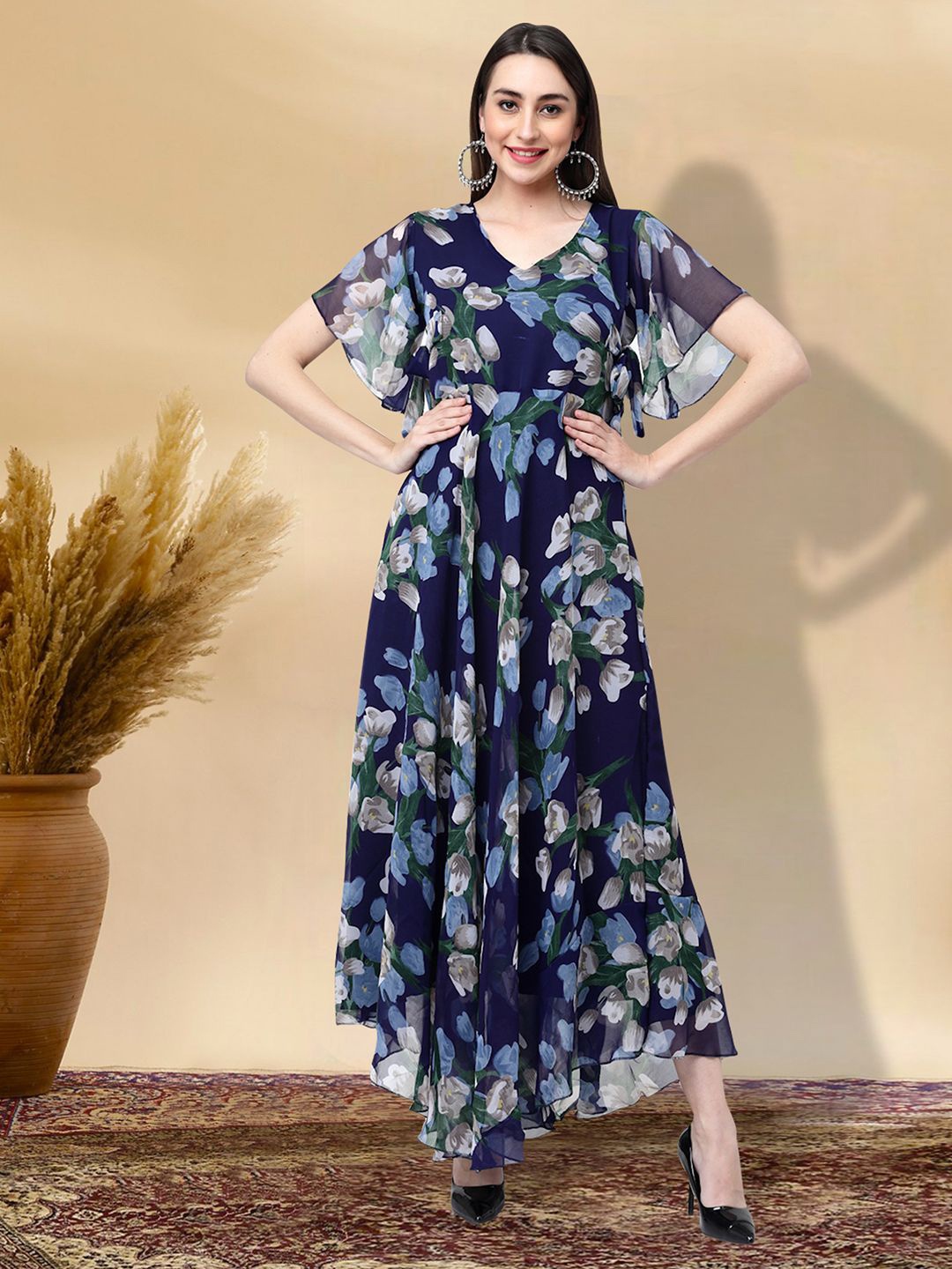 

MISS AYSE Women Floral Print Applique Fit & Flare Dress, Navy blue