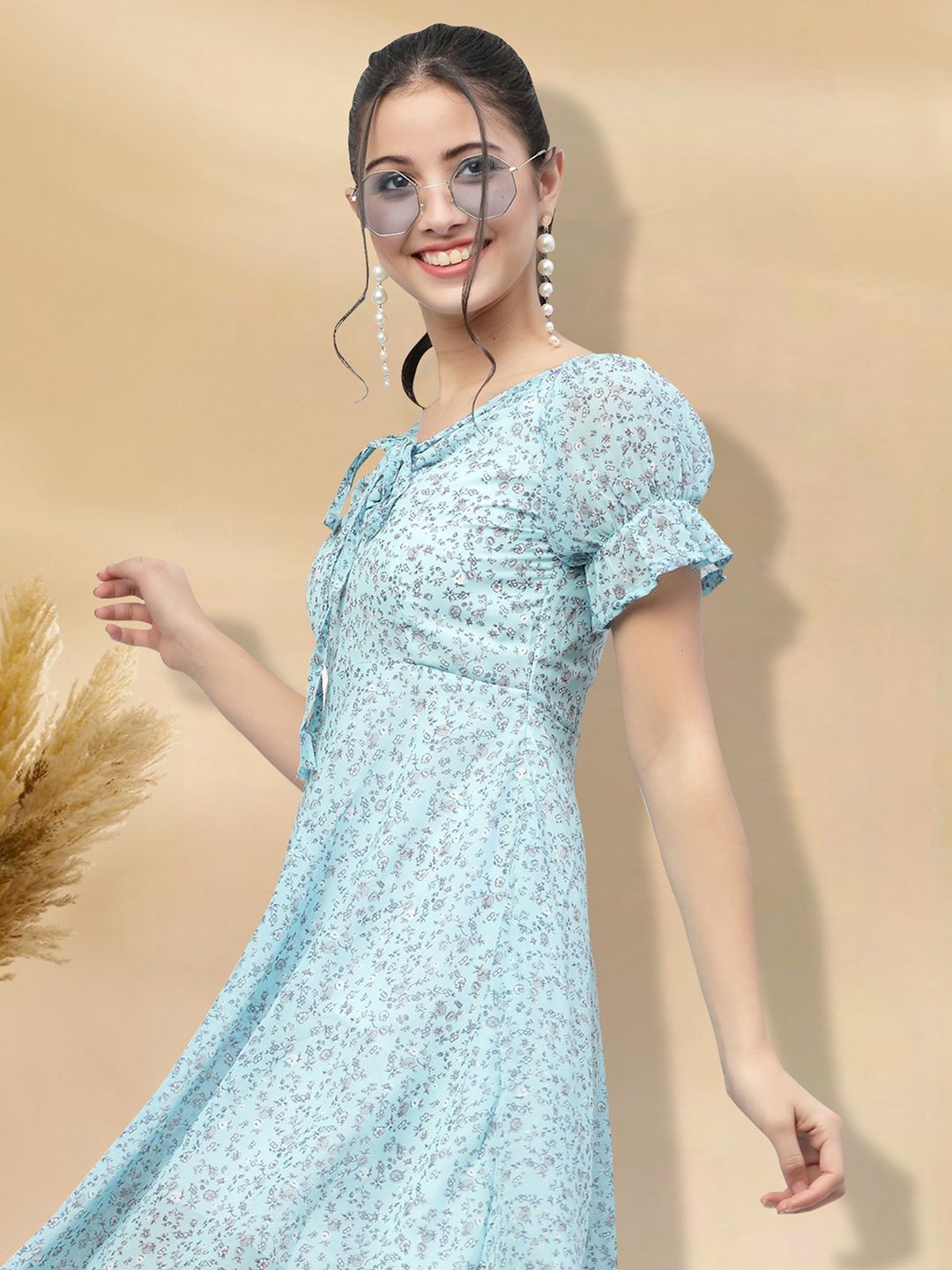 

MISS AYSE Women Floral Printed Tie-Up Neck Applique Fit & Flare Dress, Blue