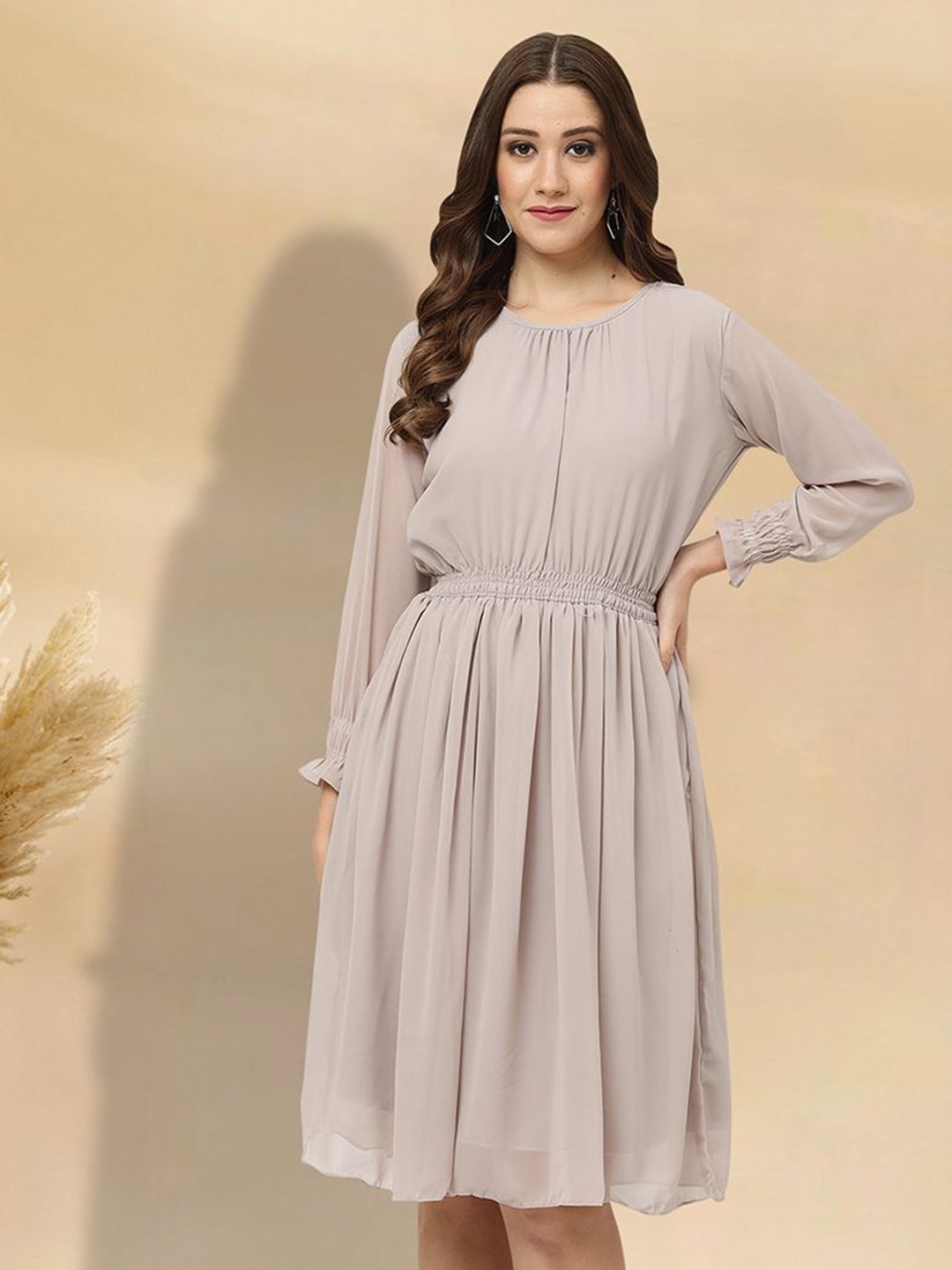 

MISS AYSE Women Round Neck Cotton Fit & Flare Knee Length Dress, Grey