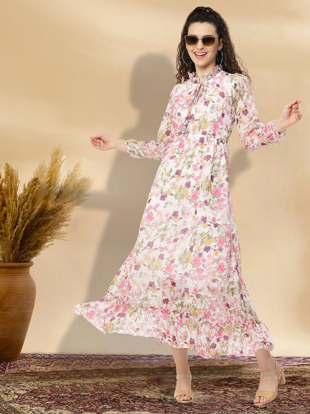 

MISS AYSE Women Floral Printed Tie-Up Neck Fit & Flare Dress, White