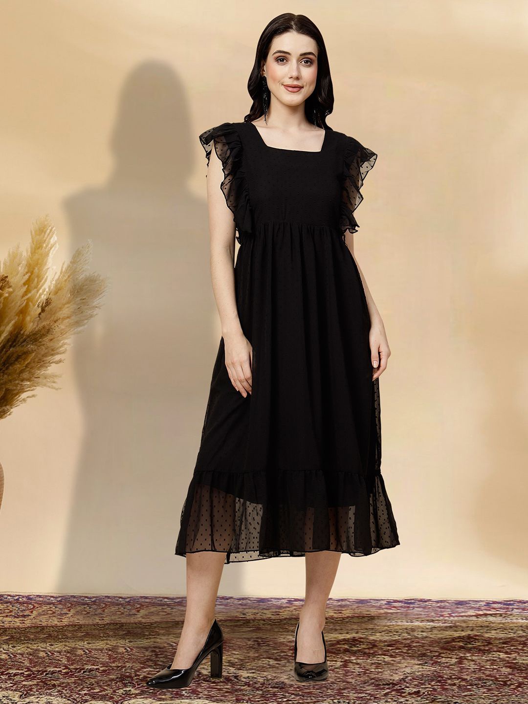 

MISS AYSE Women Self Design Cotton Fit & Flare Midi Dress, Black