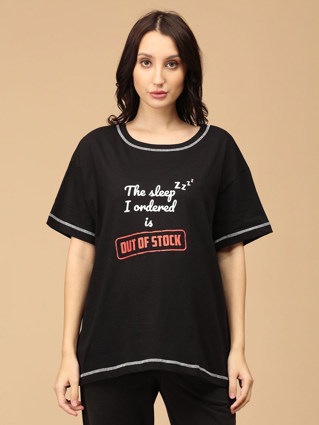 

The Mom Store Women Typography Printed Round Neck Cotton Oversized T-shirt, Black