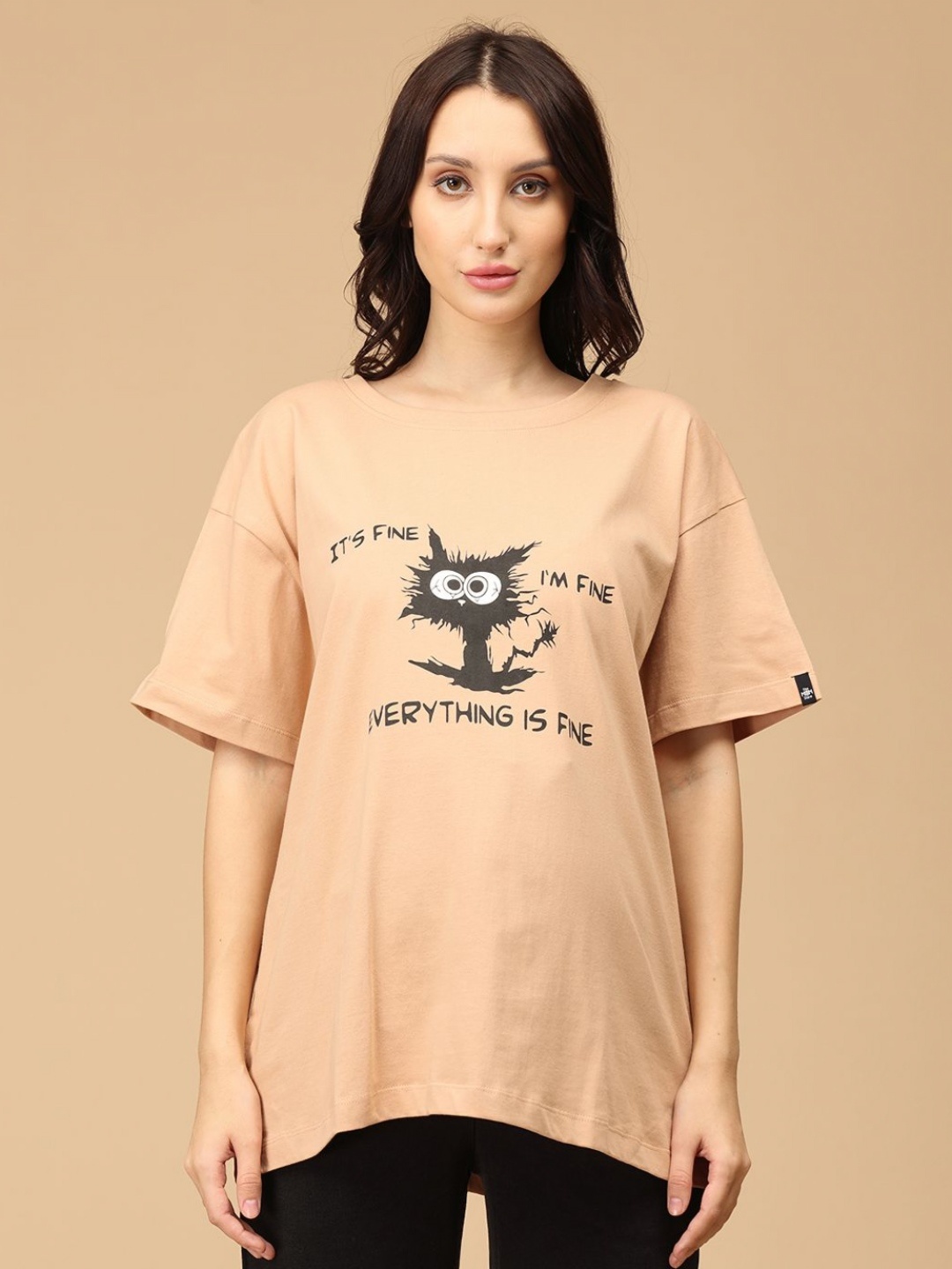 

The Mom Store Women Graphic Printed Round Neck Cotton Oversized T-shirt, Brown