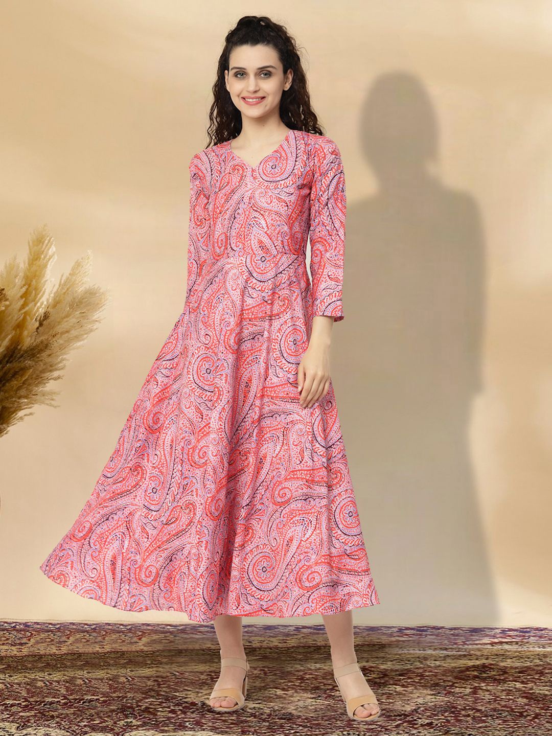 

MISS AYSE Women Floral Printed Cotton Fit & Flare Midi Dress, Pink