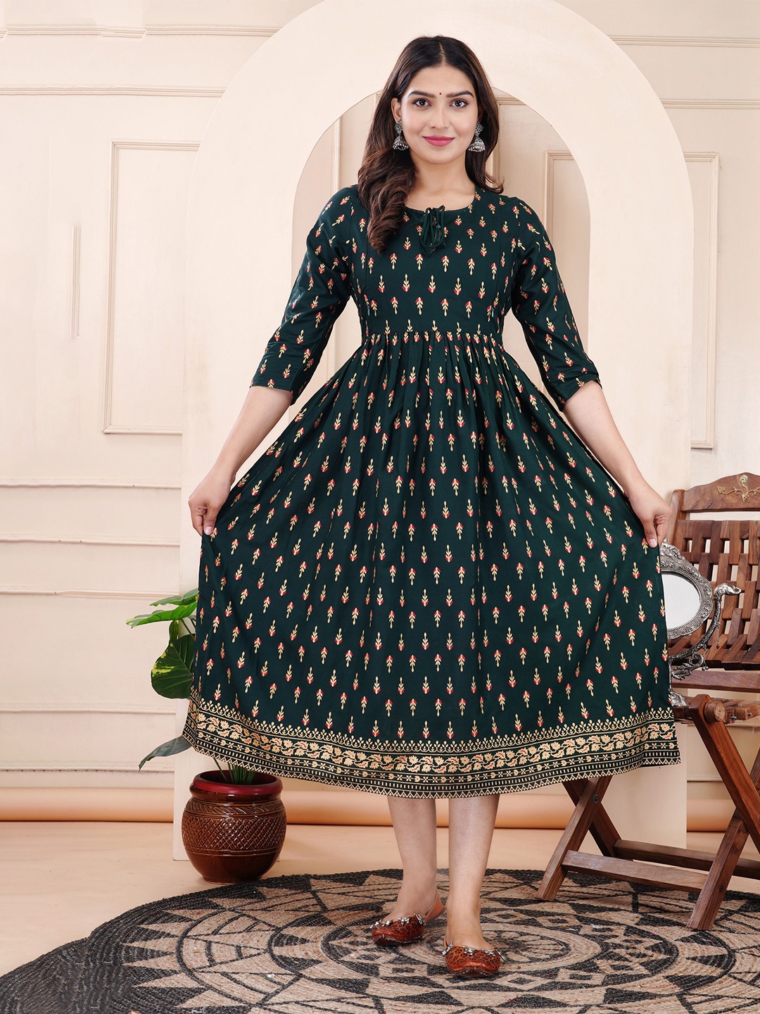 FASHION MIRROR Floral Printed Maternity Anarkali Kurti, Green