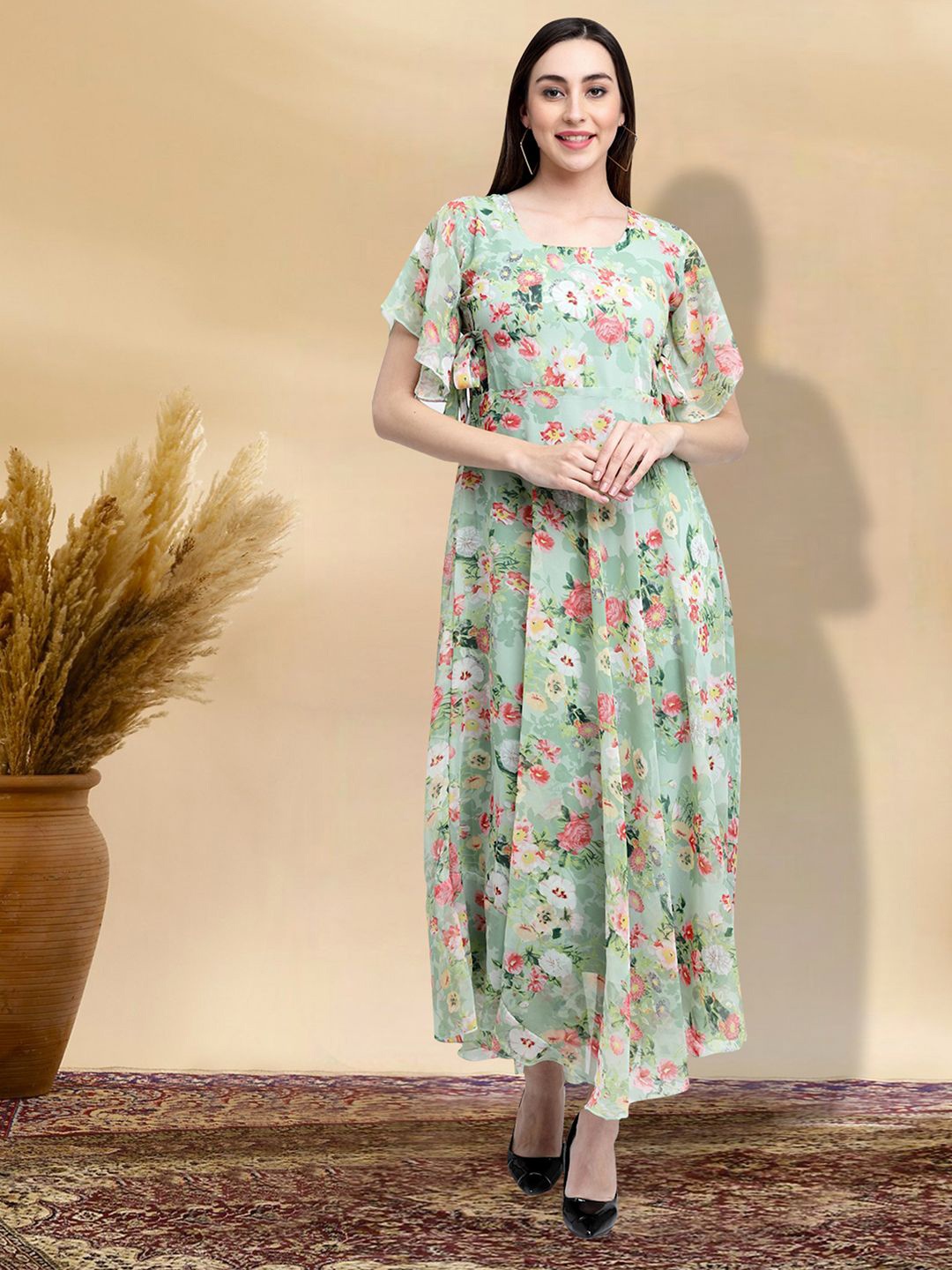

MISS AYSE -Women Floral Printed Flared Sleeves Scoop Neck Fit & Flare Dress, Green