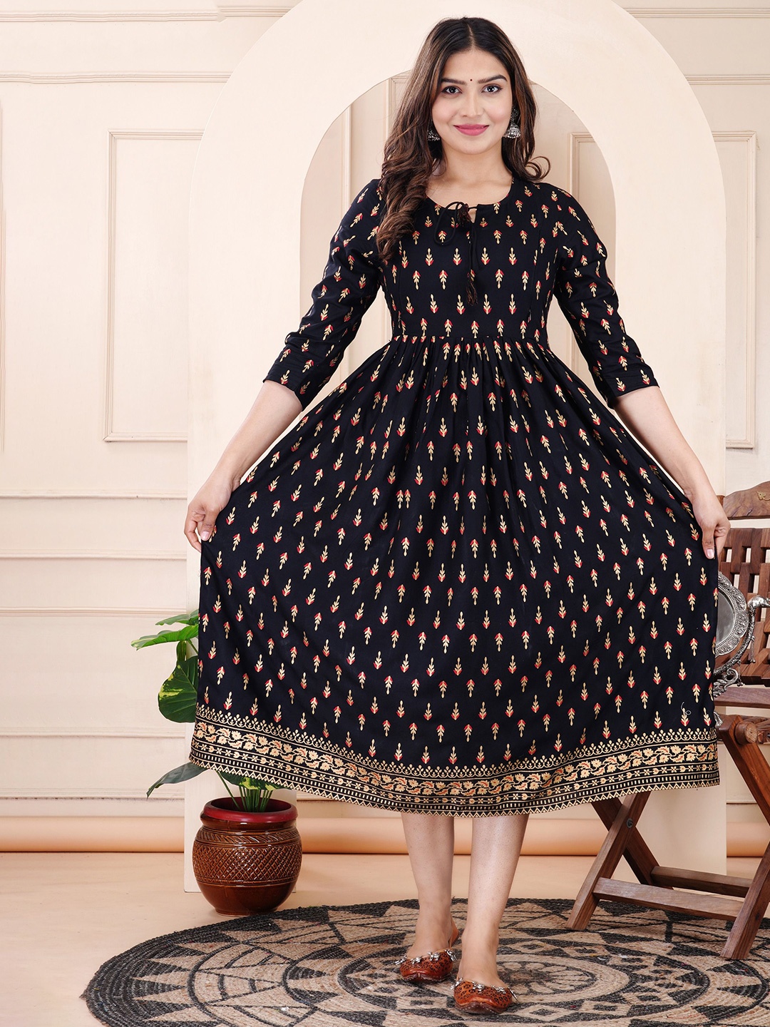 FASHION MIRROR Women Floral Printed Maternity Anarkali Kurti, Black