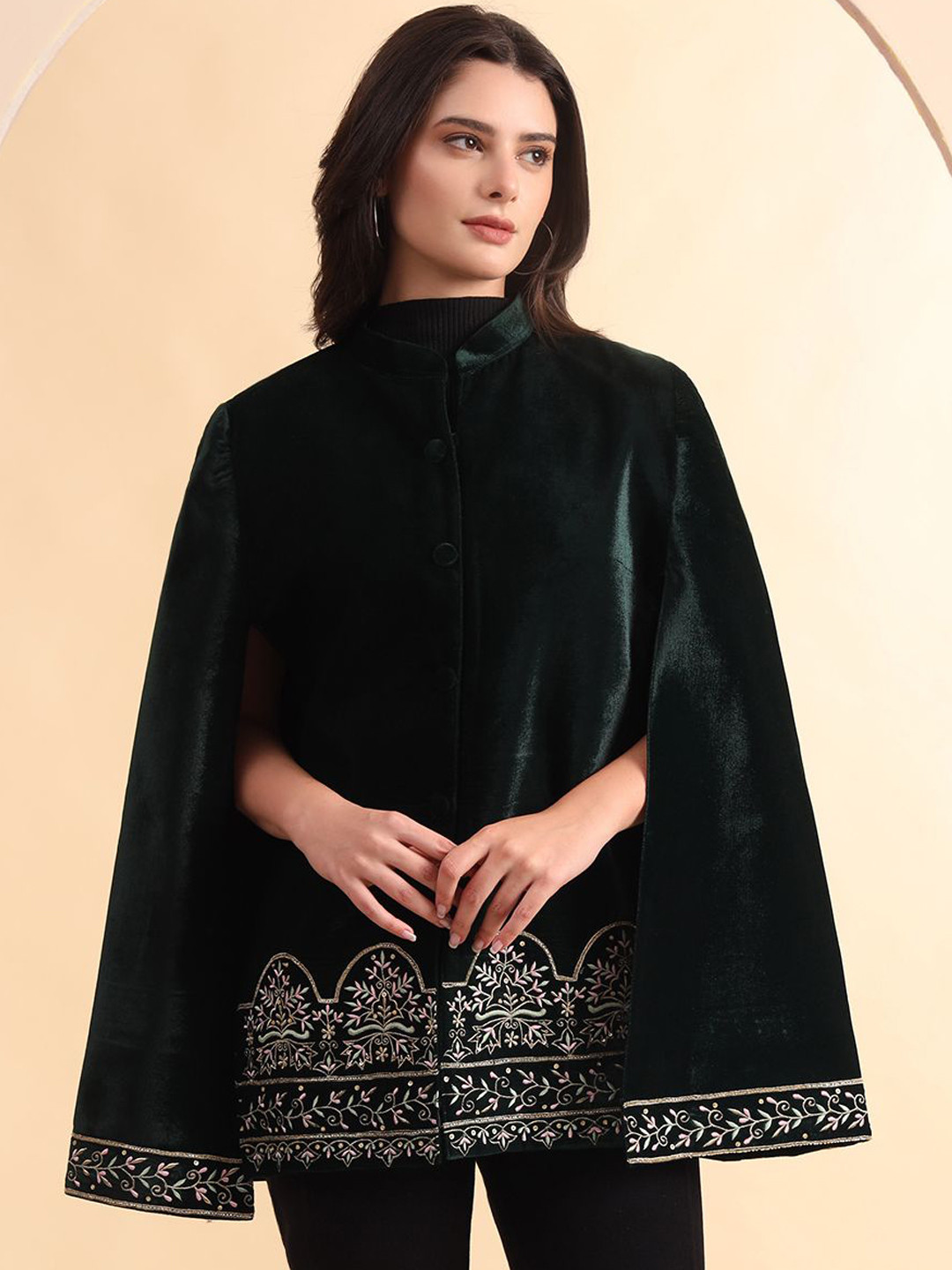 

Zamour Women Floral Embroidered Mandarin Collar Velvet Cape Jacket, Green
