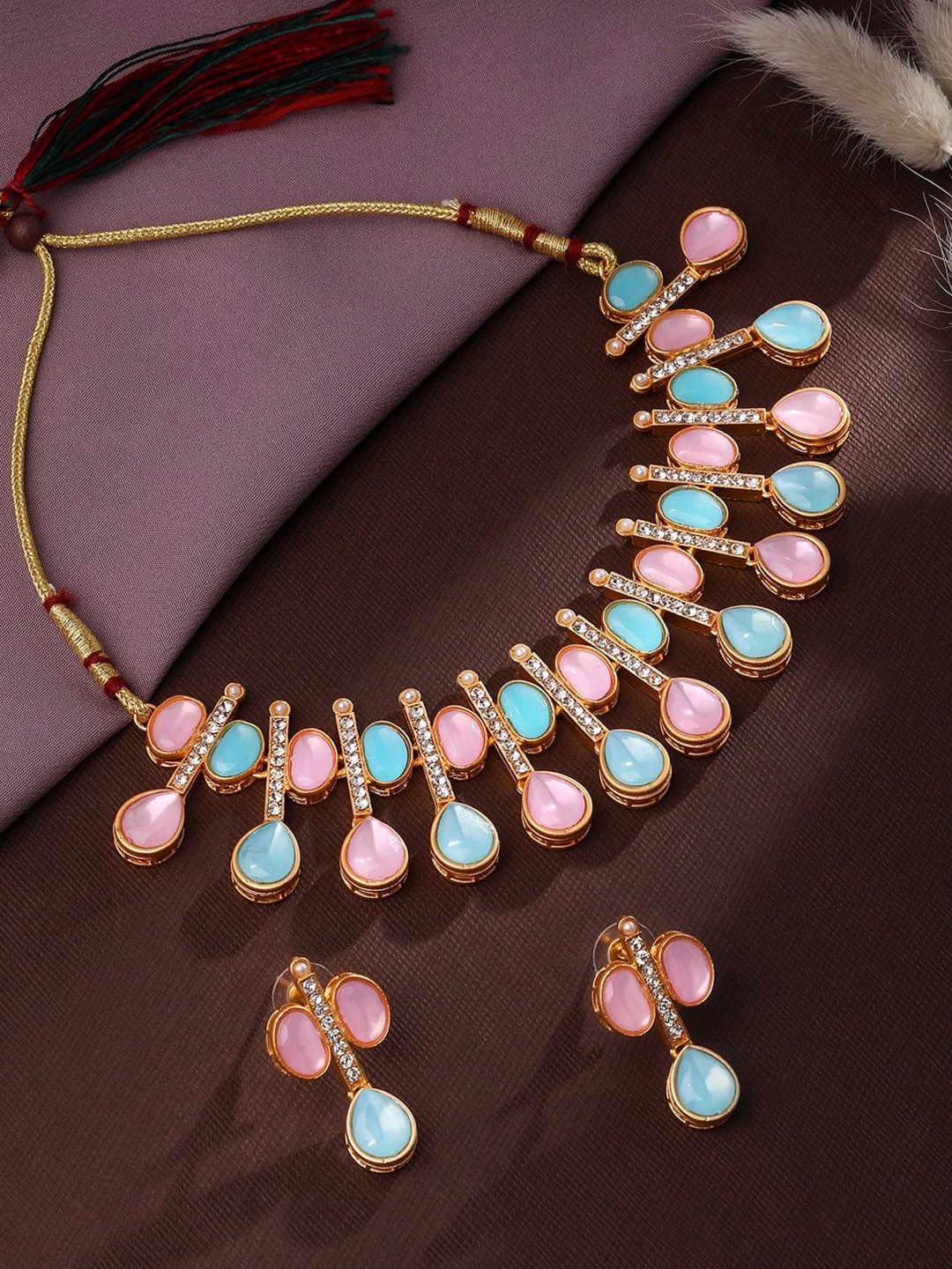 

ASMITTA JEWELLERY Gold-Plated Stone-Studded & Beaded Necklace & Earrings