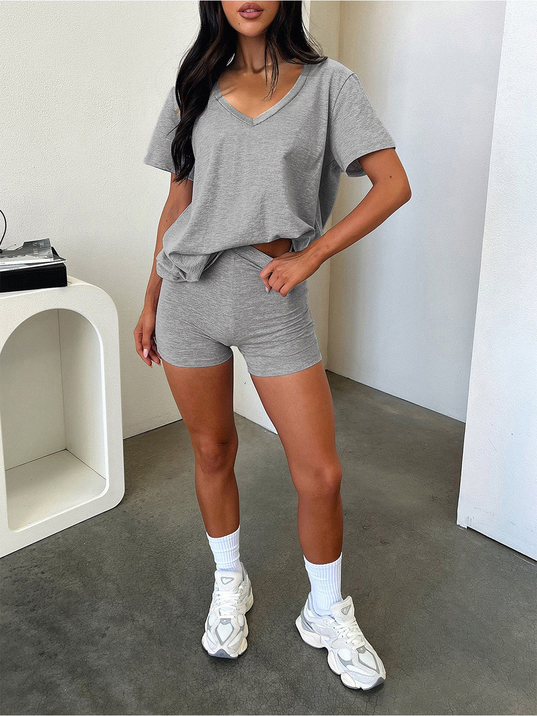

StyleCast x Revolte V-Neck T-shirt and Shorts, Grey