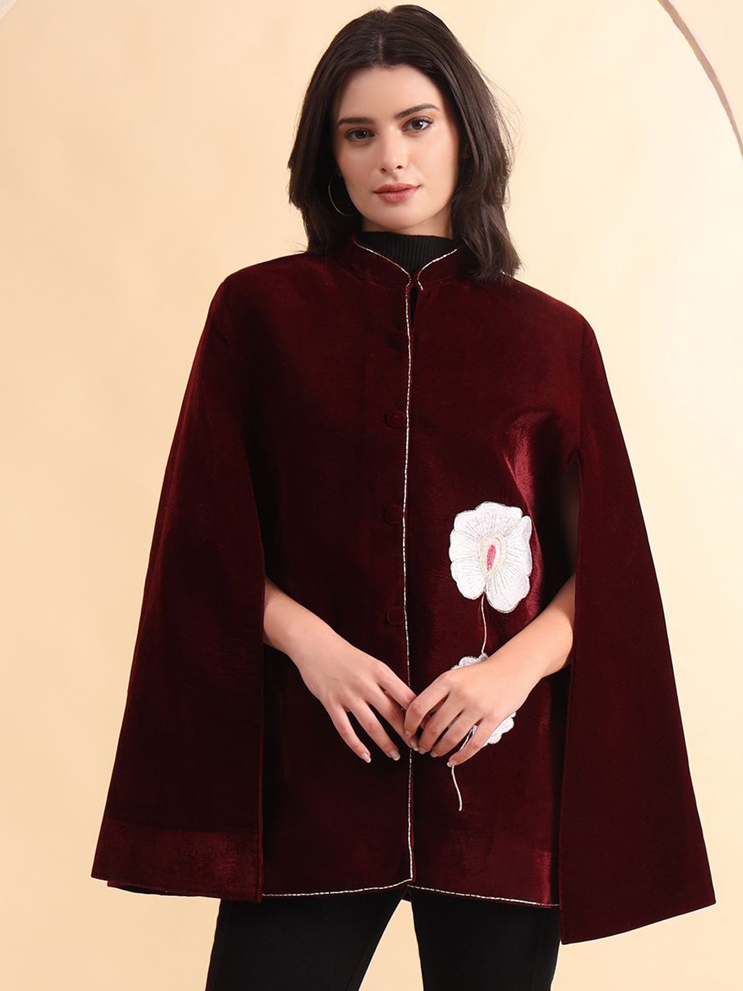 

Zamour Women Floral Embroidered Mandarin Collar Velvet Cape Jacket, Maroon