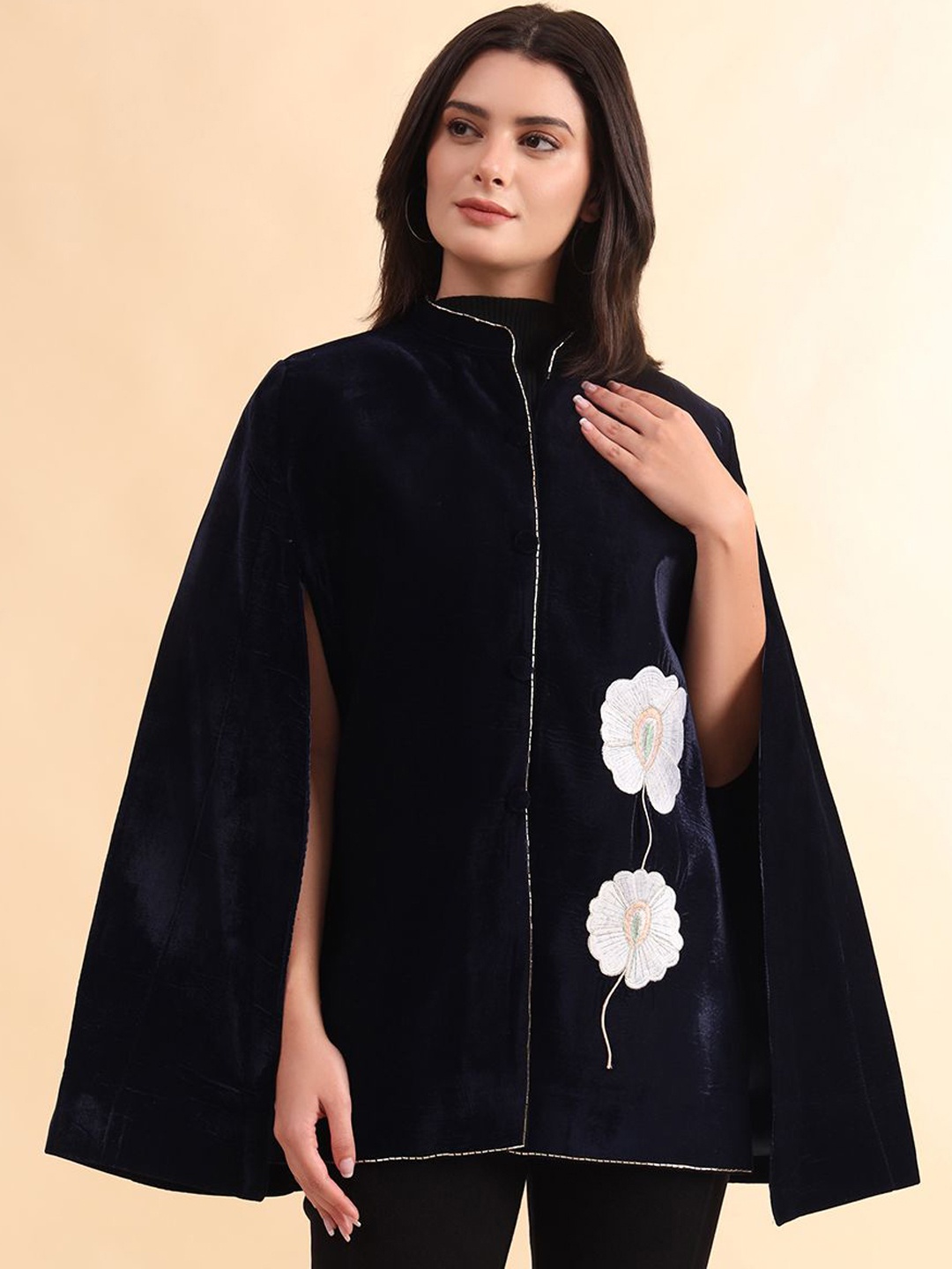 

Zamour Women Floral Embroidered Mandarin Collar Velvet Cape Jacket, Navy blue