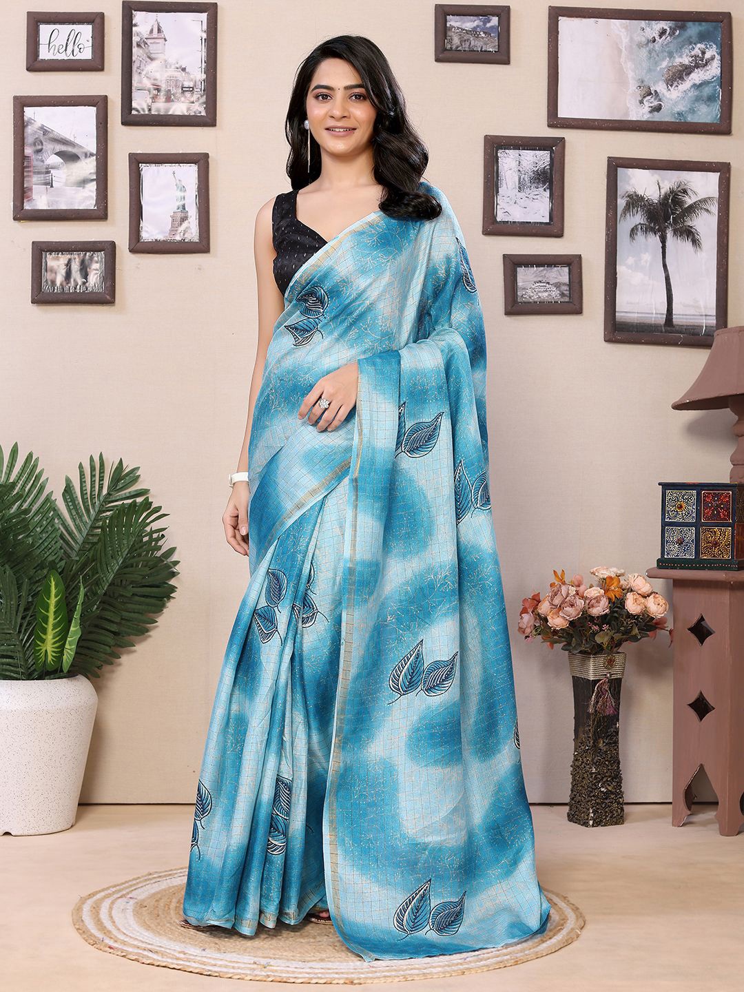 

Panzora Checked Zari Printed Ready to Wear Saree, Blue