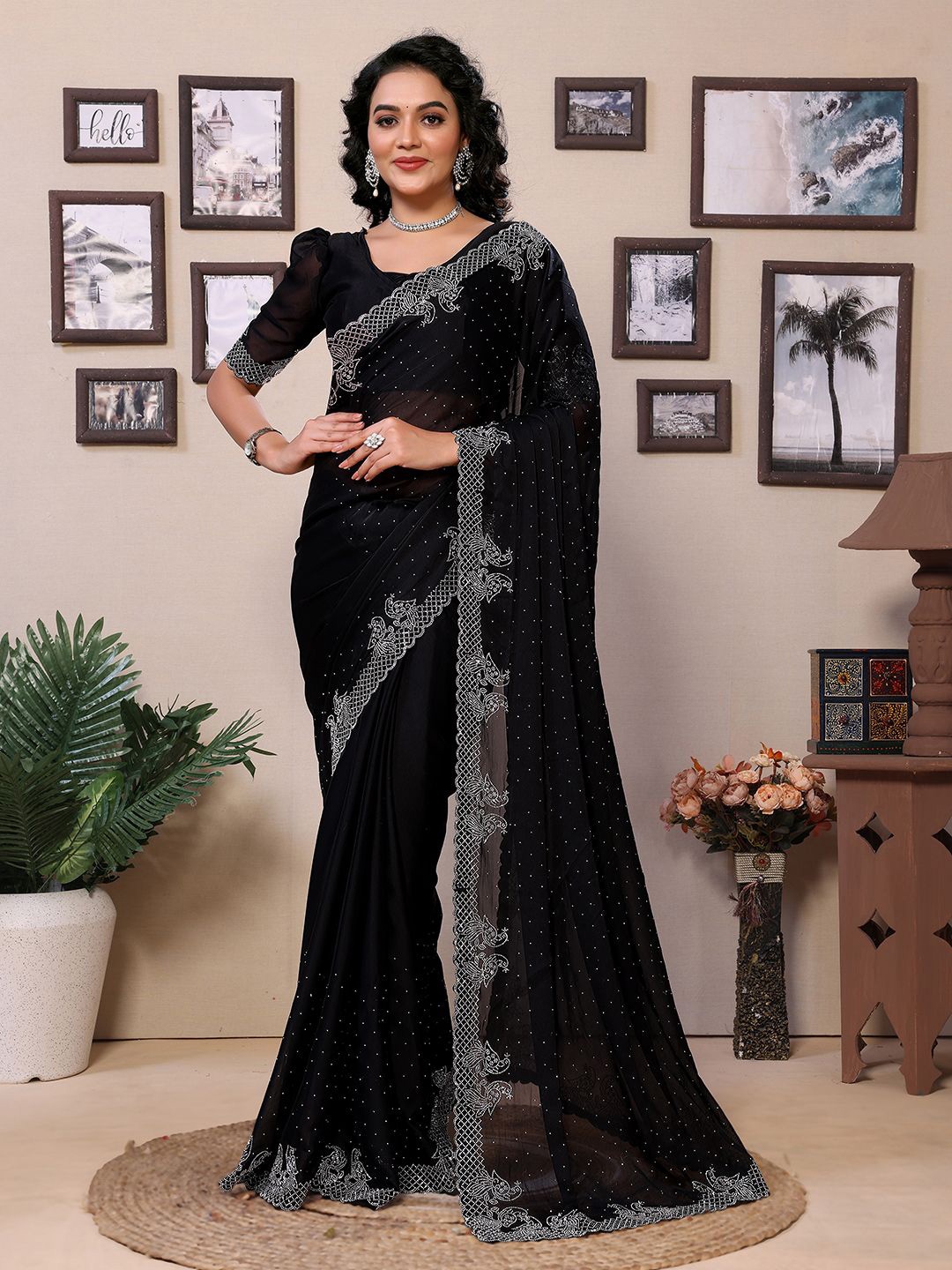 

Panzora Embellished Beads and Stones Designer Saree, Black