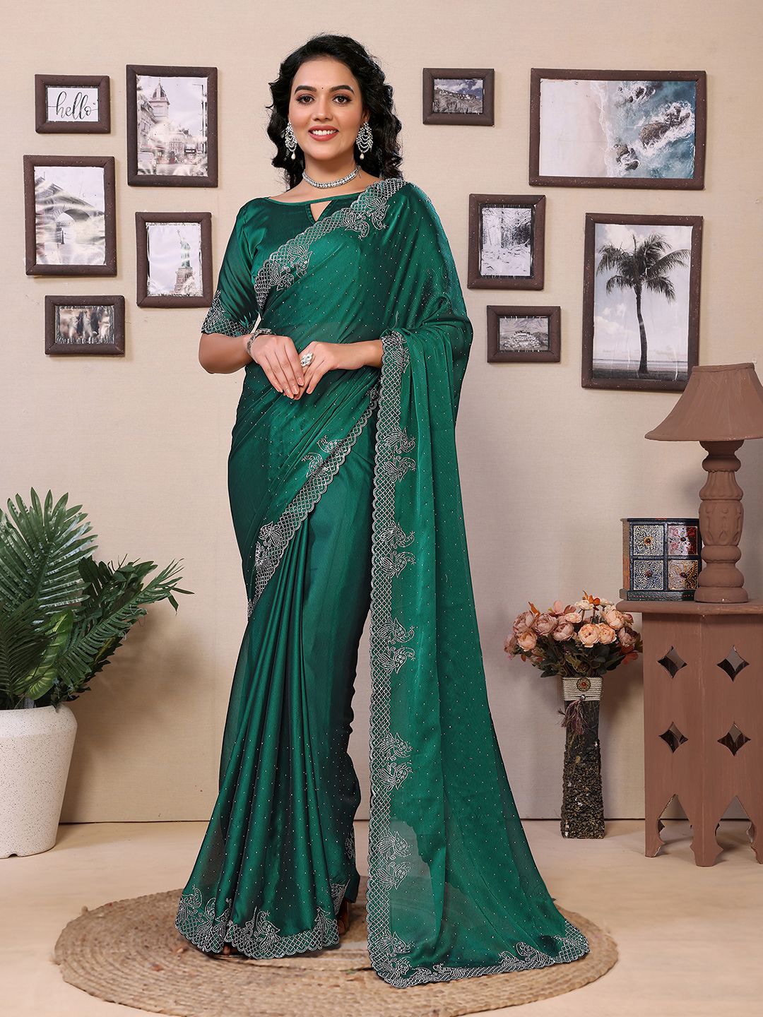 

Panzora Embellished Beads and Stones Saree, Green