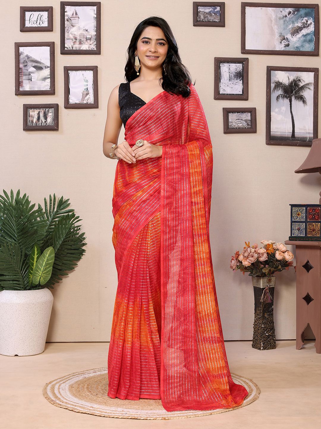 

Panzora Striped Gotta Patti Ready to Wear Saree, Red