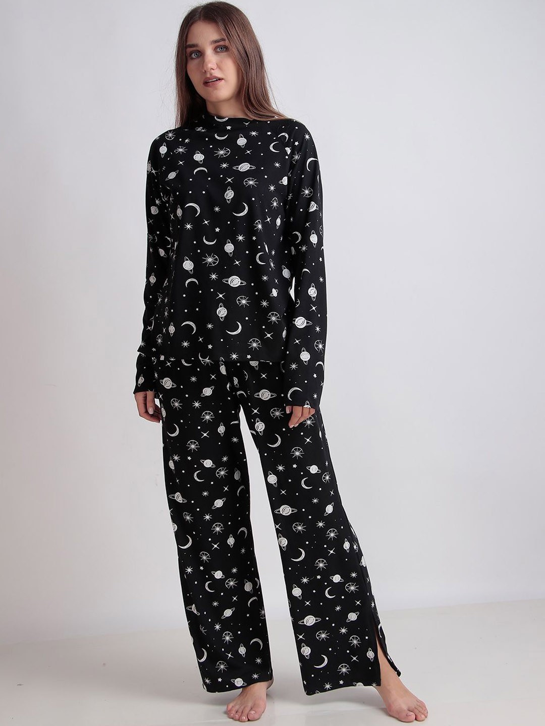 

Masha Women Printed Pure Cotton Night suit, Black