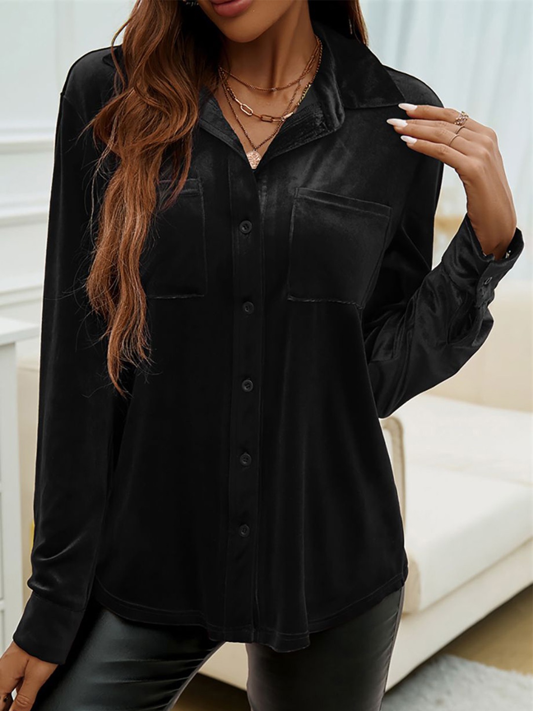

StyleCast x Revolte Women Spread Collar Solid Party Shirt, Black