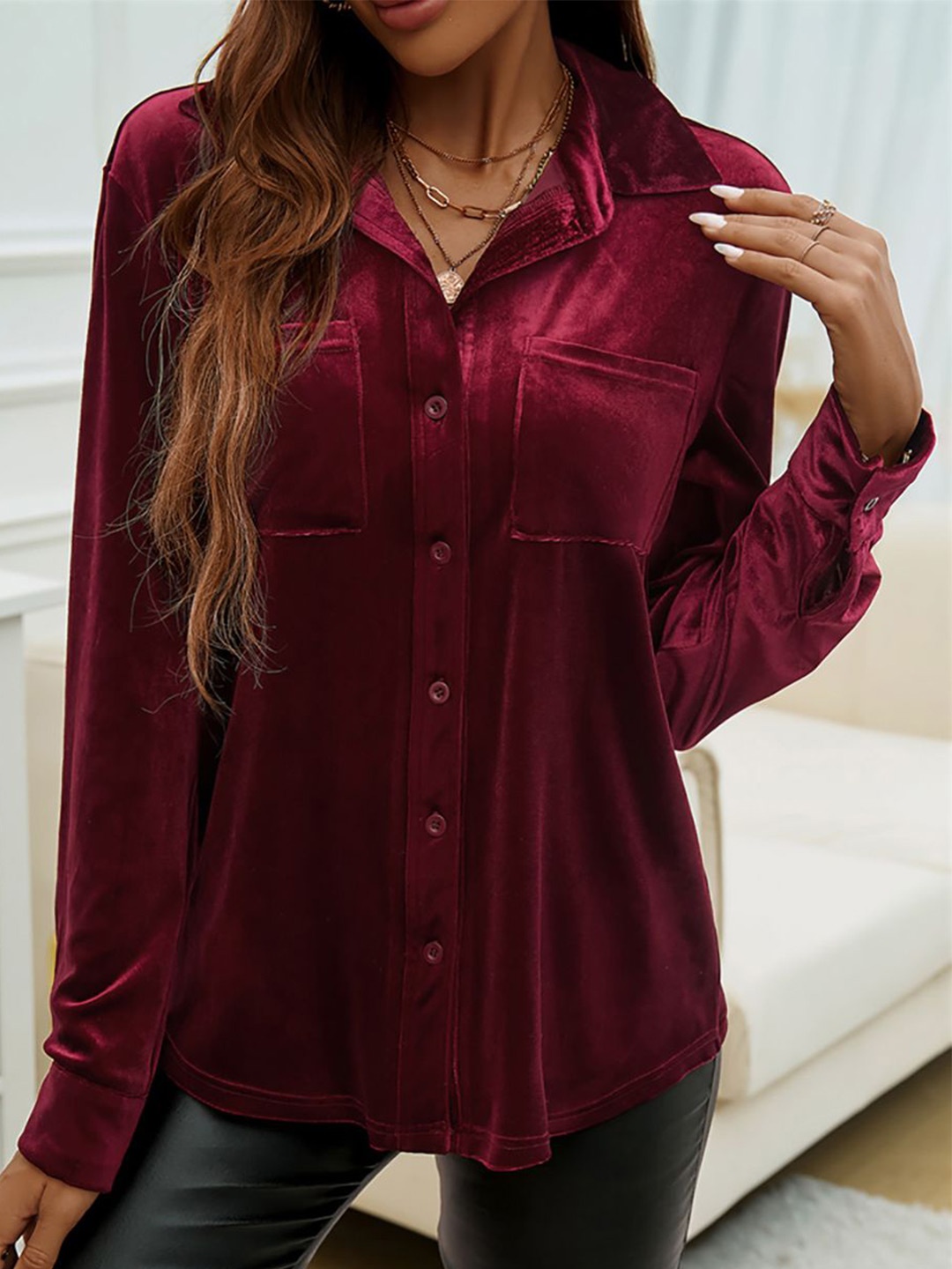

StyleCast x Revolte Women Spread Collar Solid Party Shirt, Red