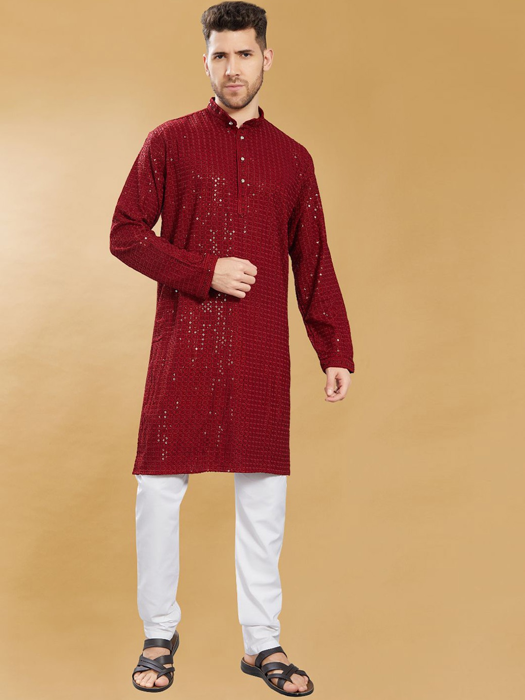 

DIVISIVE Geometric Embroidered Band Collar Sequins Straight Kurta, Maroon