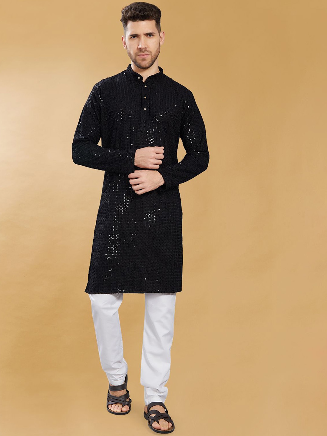

DIVISIVE Geometric Embroidered Mirror Work Band Collar Straight Kurta, Black