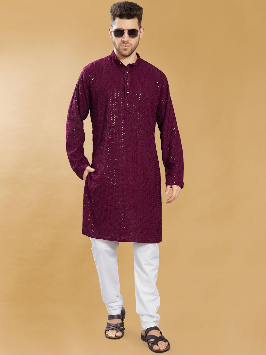

DIVISIVE Geometric Embroidered Band Collar Sequins Straight Kurta, Burgundy