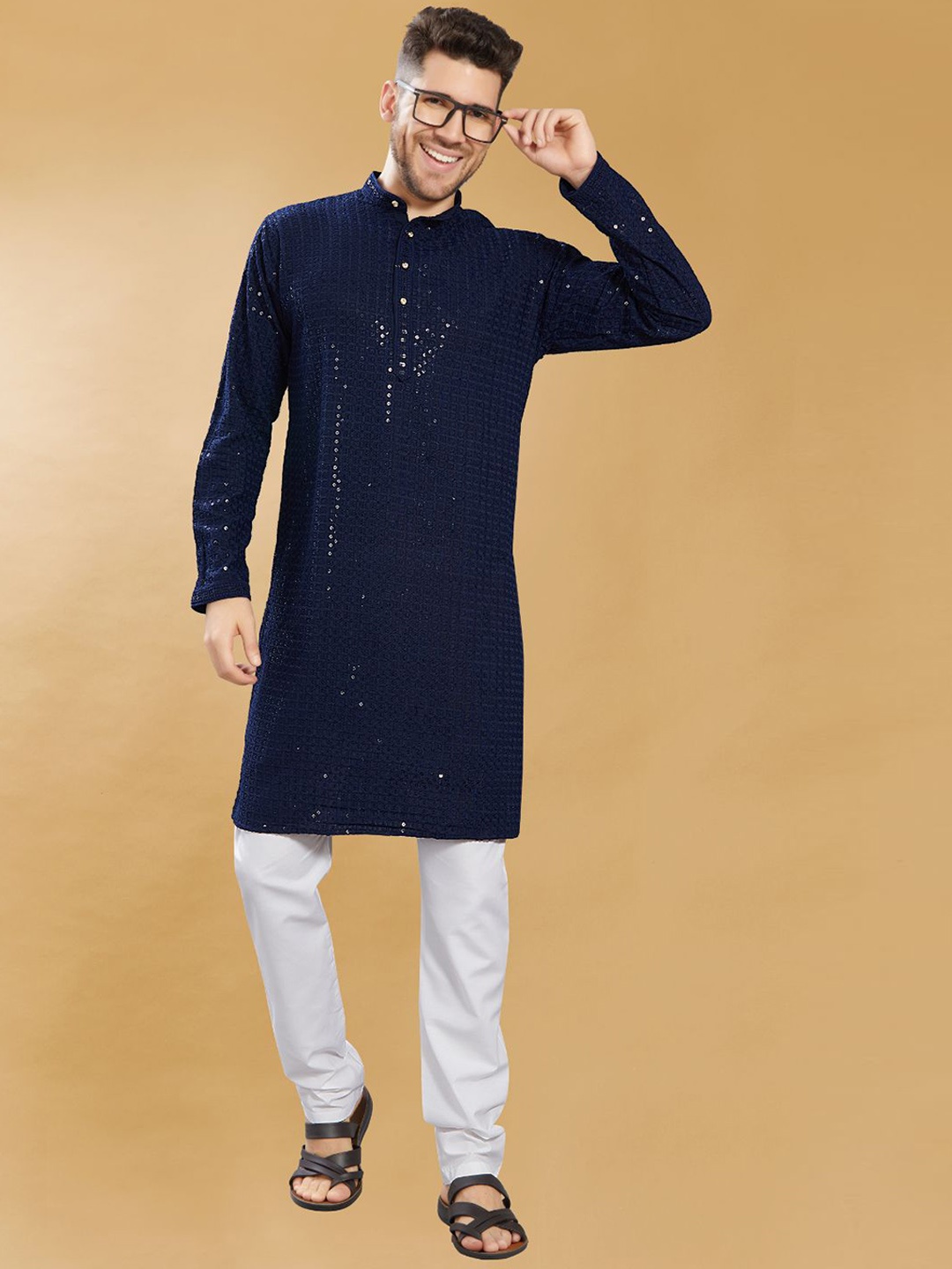 

DIVISIVE Geometric Embroidered Band Collar Sequins Straight Kurta, Navy blue