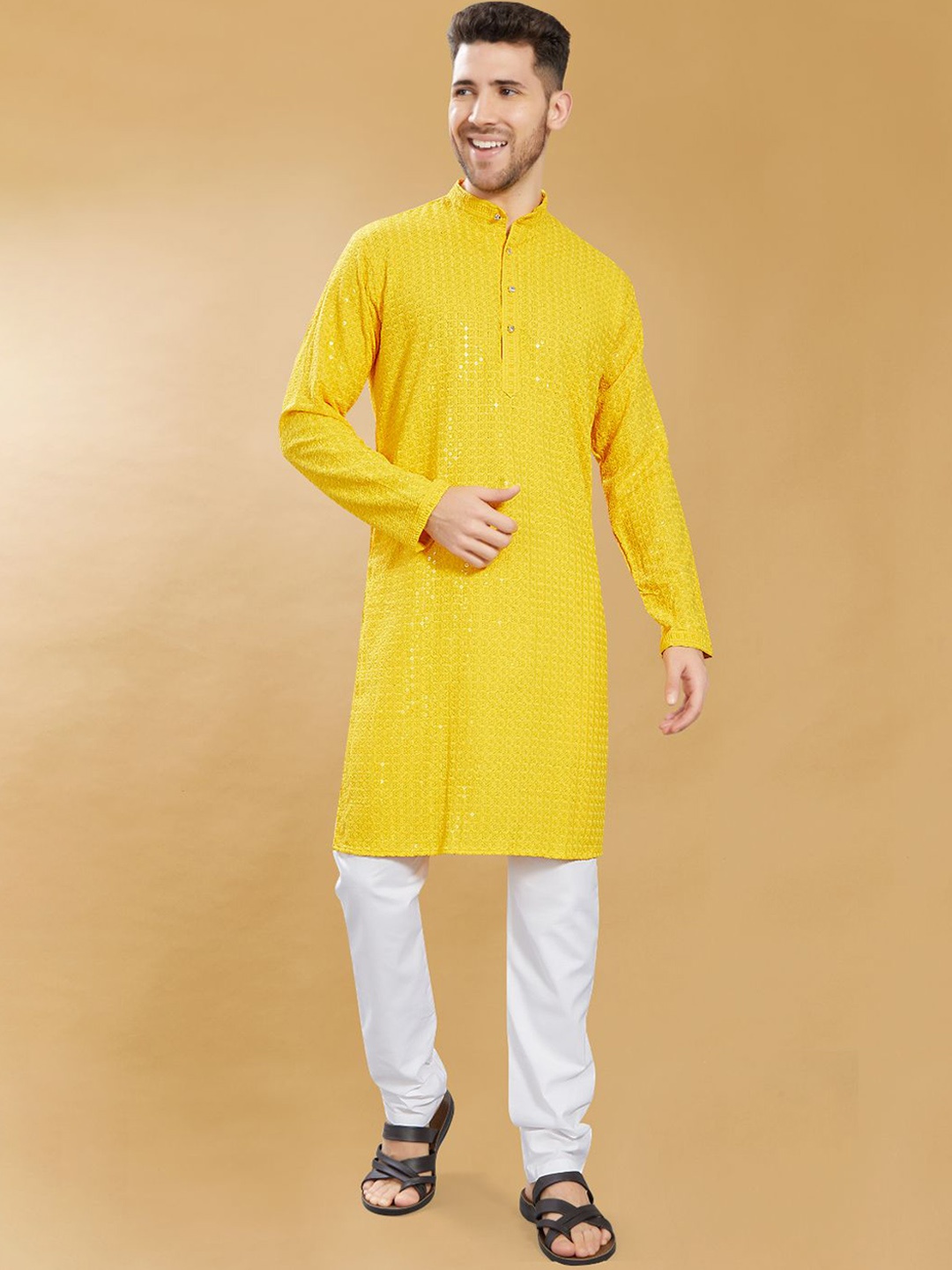 

DIVISIVE Slim Fit Floral Embroidered Band Collar Sequins Straight Kurta, Yellow