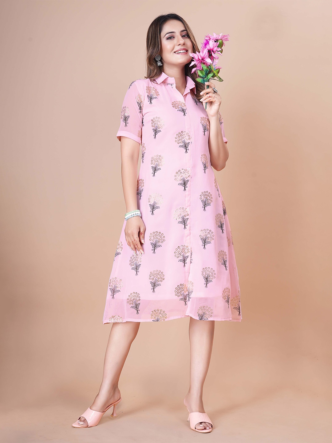 

Bhanderi Fashion Women Embellished Print Georgette Fit & Flare Dress, Pink
