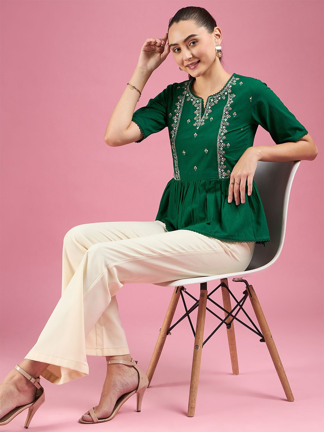 

DressBerry Floral Cotton Peplum Top, Green