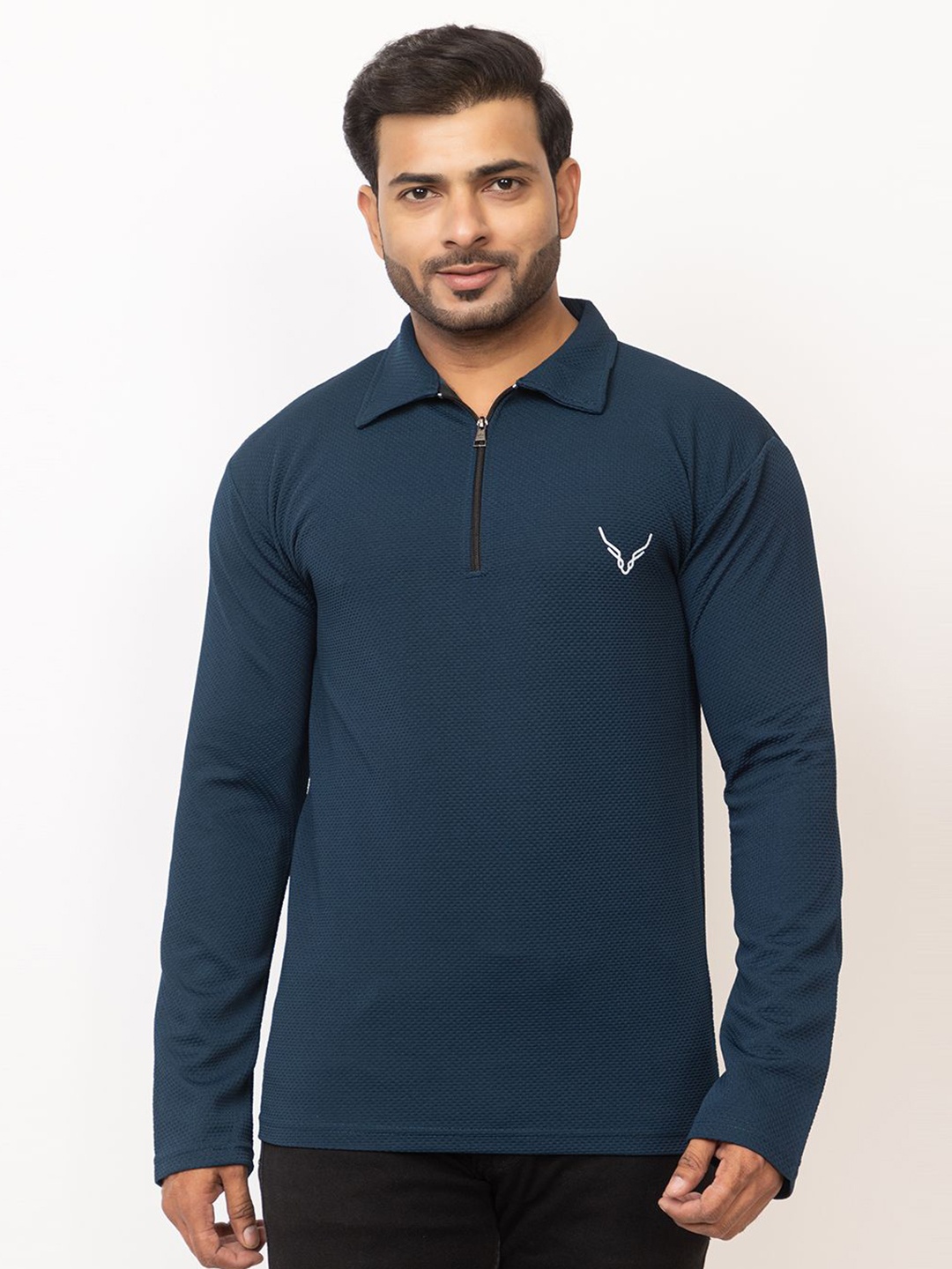 

BUFFARO Men Self Design Polo Collar Cotton T-shirt, Navy blue